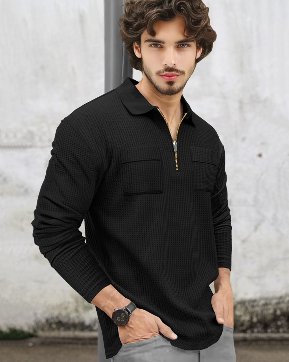 Men Full Sleeve Double Pocket Black Waffle T-shirt