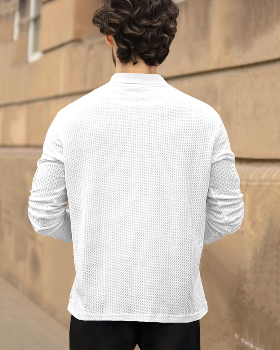 Men Textured Full Sleeve White Double Pocket Waffle T-shirt