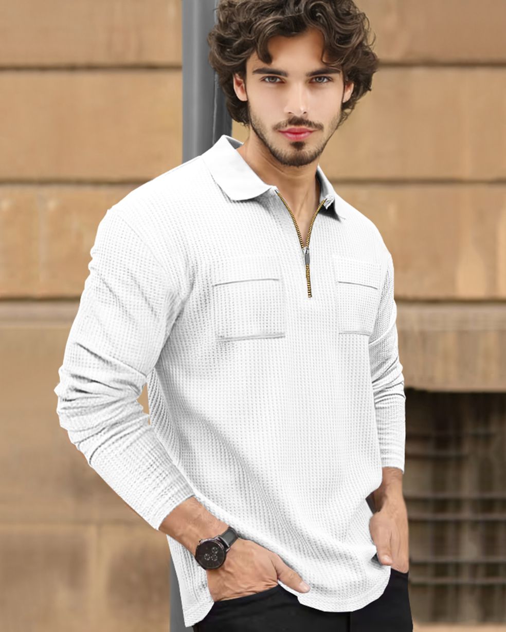 Men Textured Full Sleeve White Double Pocket Waffle T-shirt