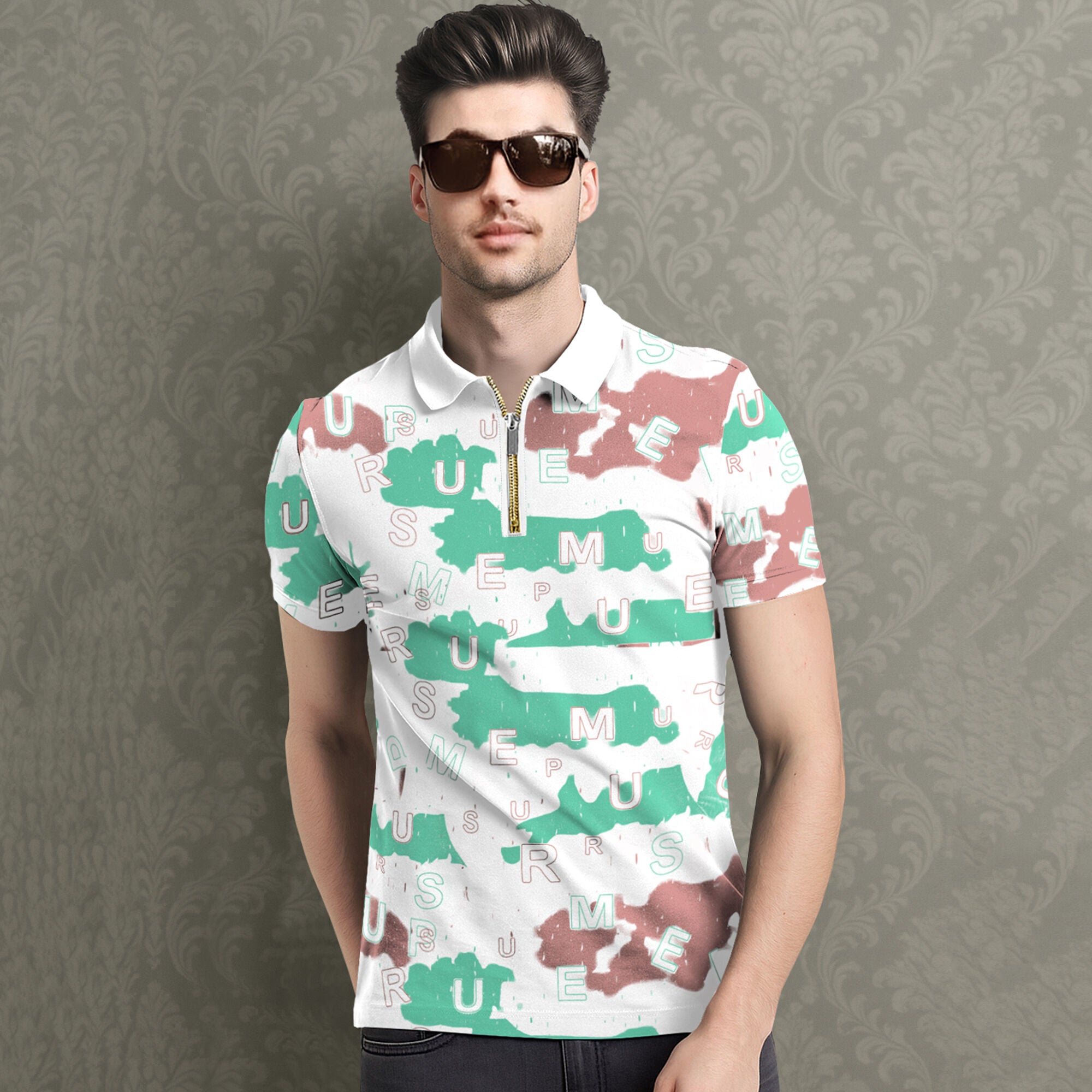 Half Sleeve Zip Type Letter Printed Polo T-shirt White