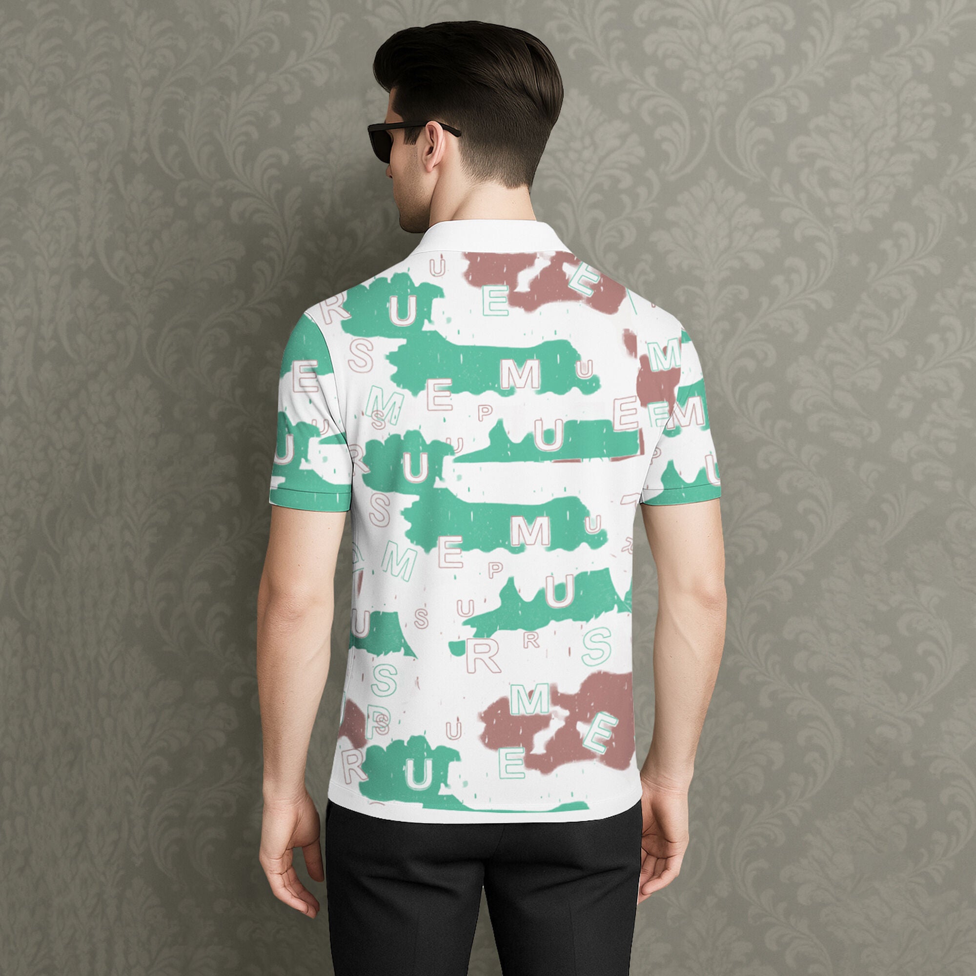 Half Sleeve Zip Type Letter Printed Polo T-shirt White