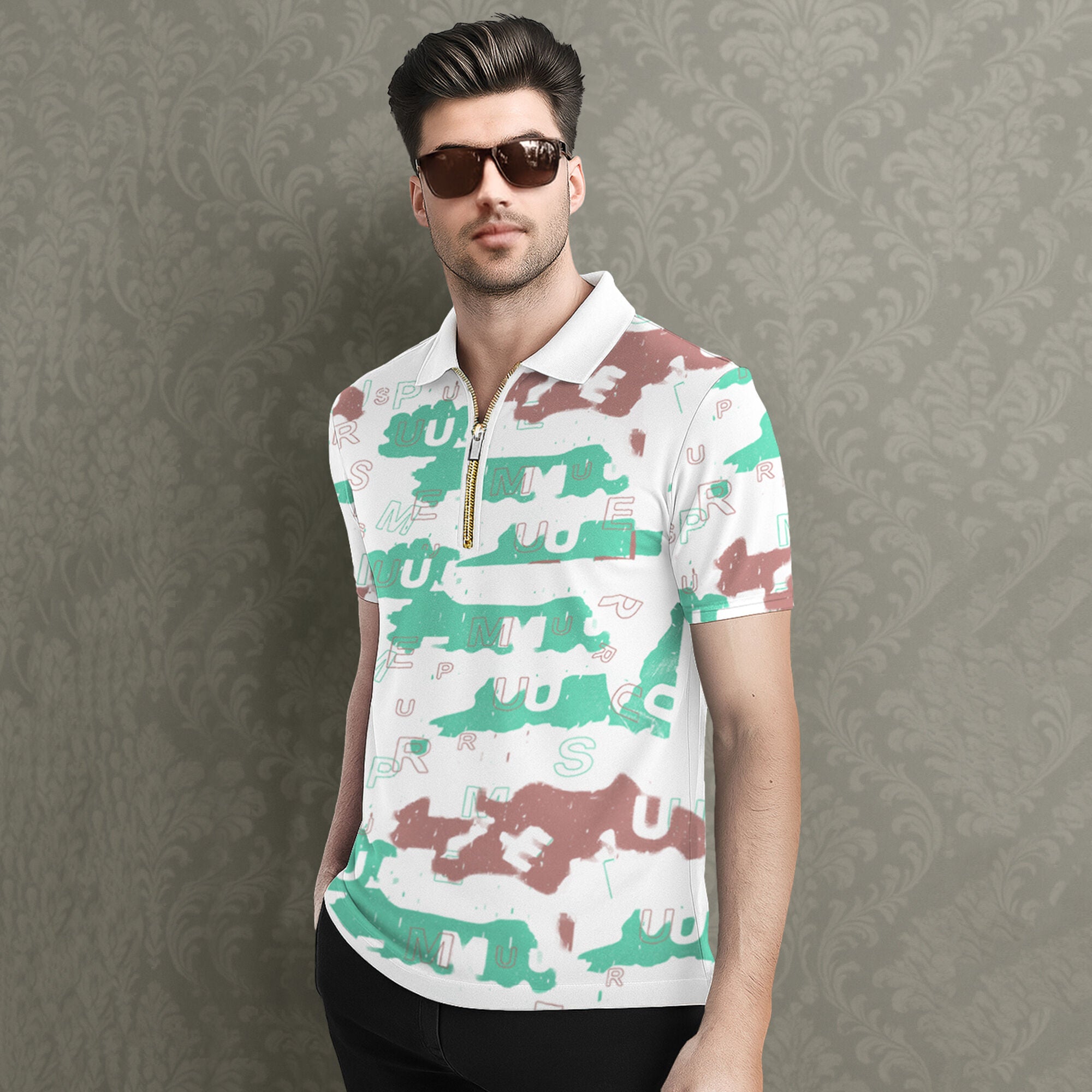 Half Sleeve Zip Type Letter Printed Polo T-shirt White