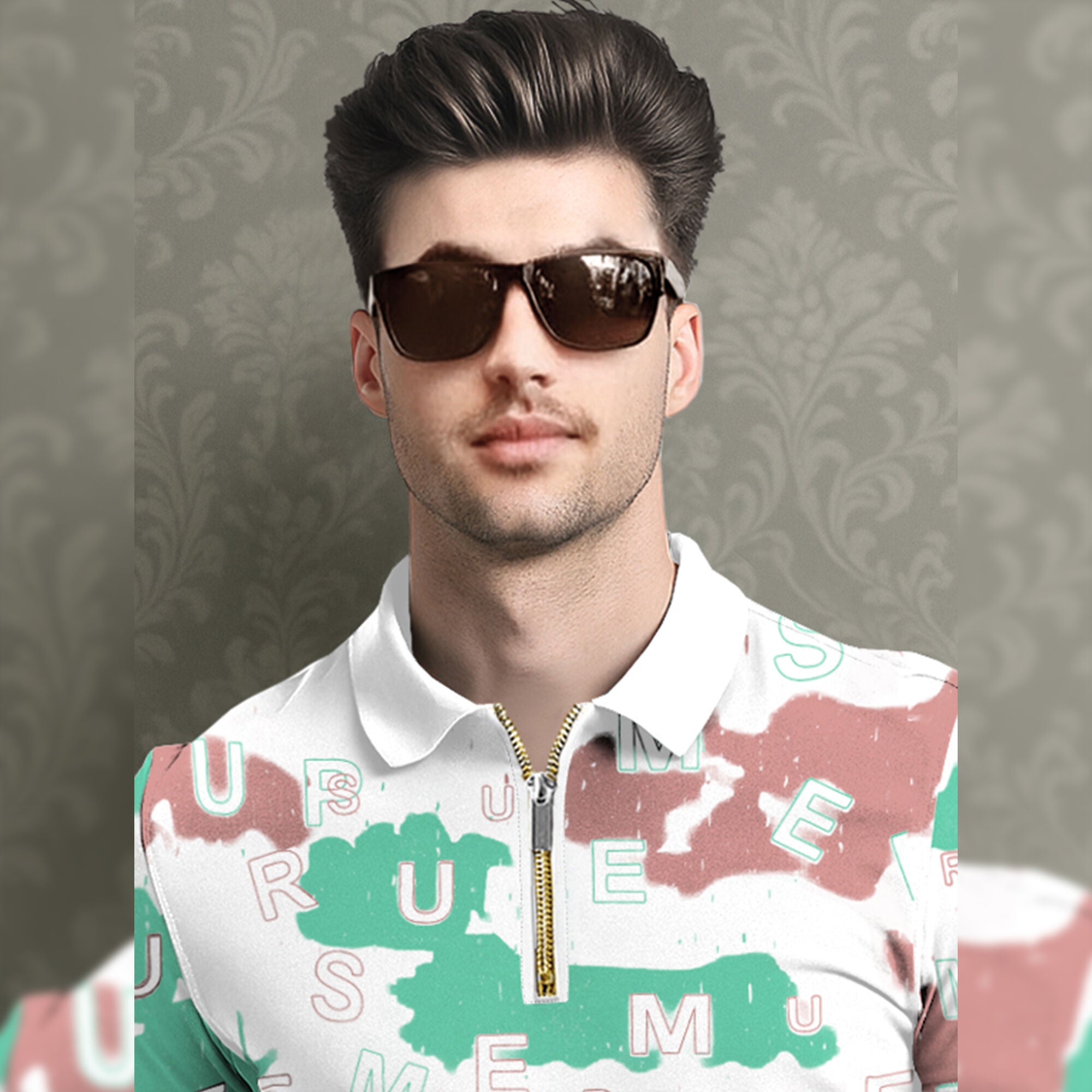 Half Sleeve Zip Type Letter Printed Polo T-shirt White