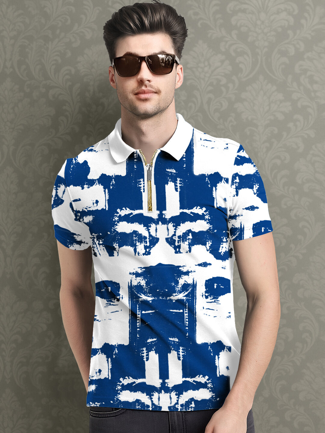 Half Sleeve Zip Type Printed Polo T-shirt White & Blue