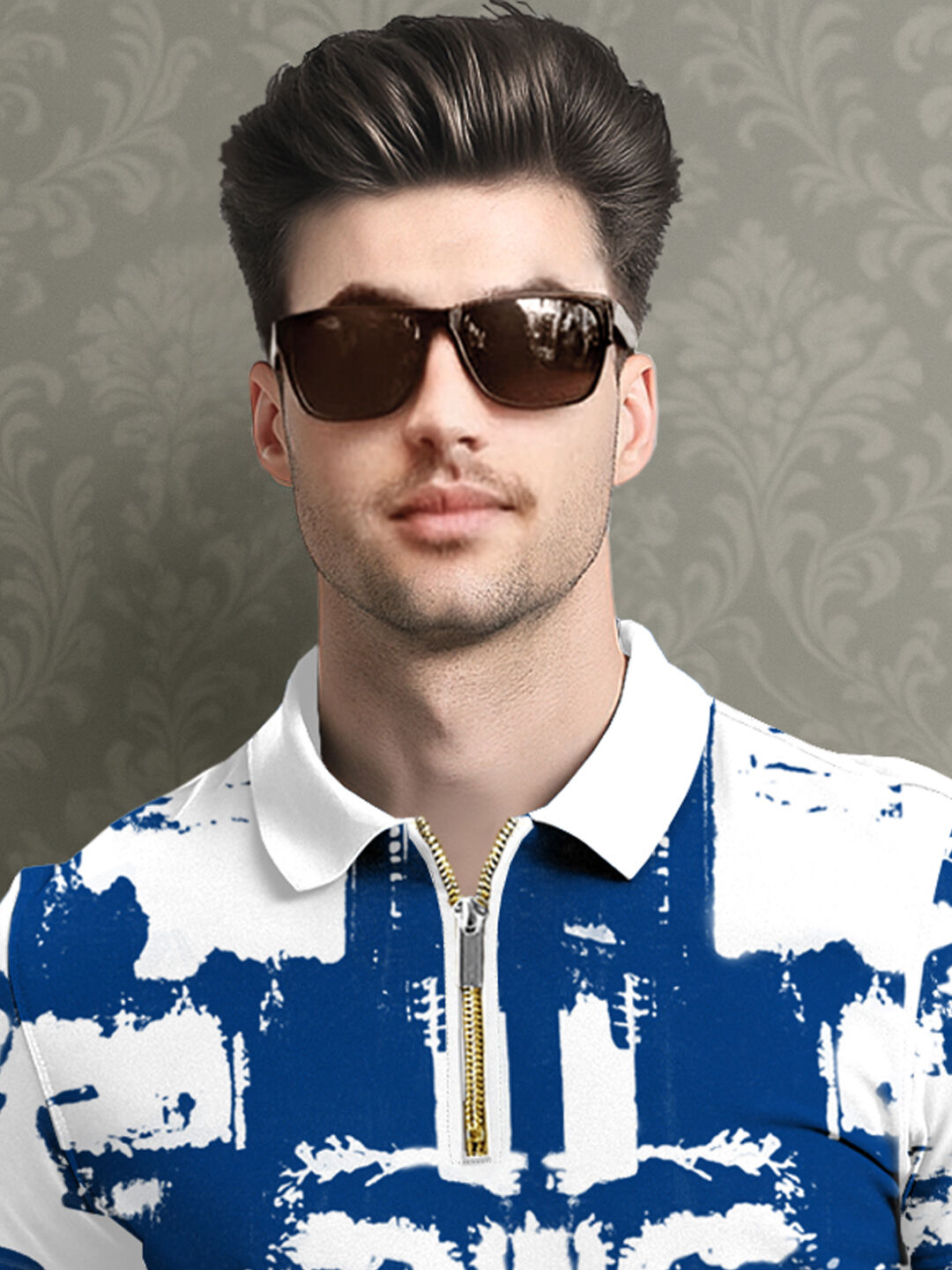 Half Sleeve Zip Type Printed Polo T-shirt White & Blue