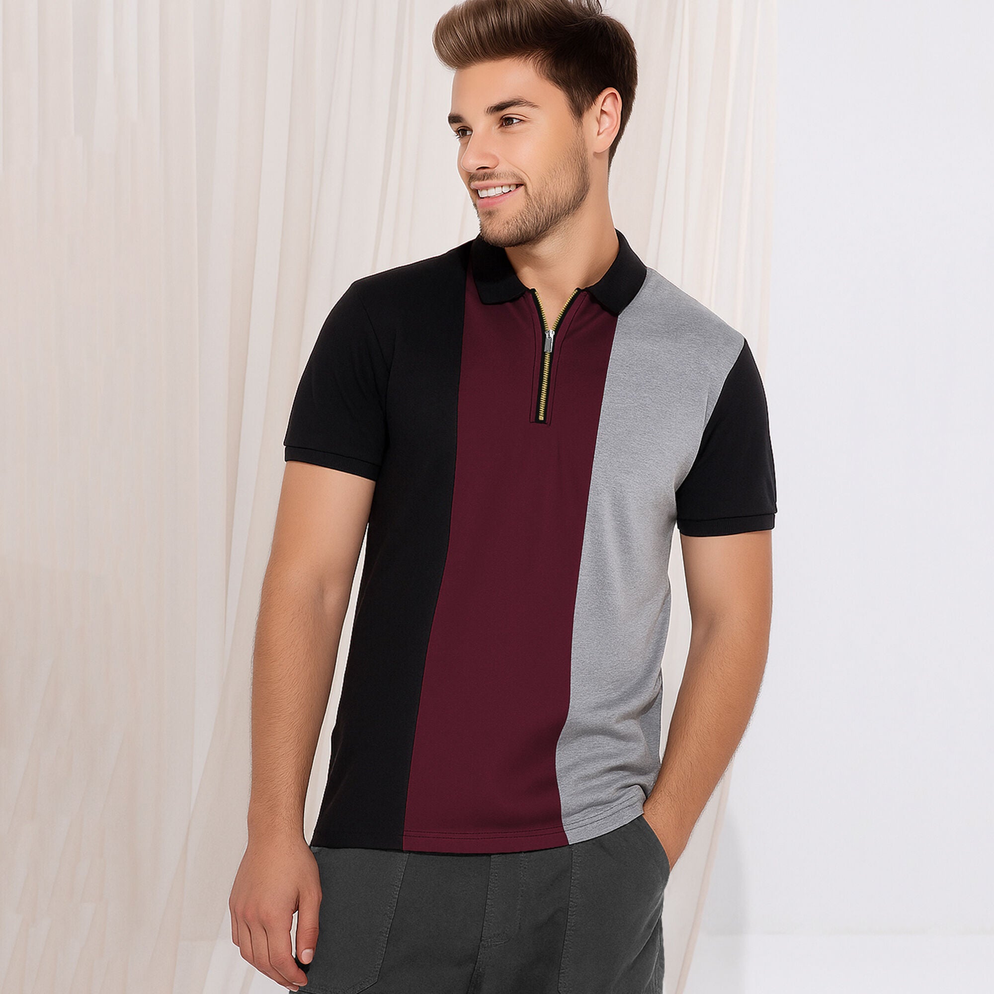 Half Sleeve Polo Zip Type Color Blocked Contrast T-shirt