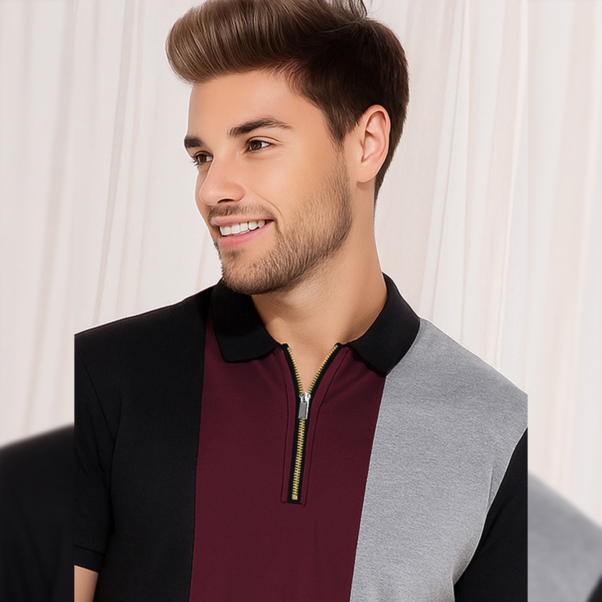 Half Sleeve Polo Zip Type Color Blocked Contrast T-shirt