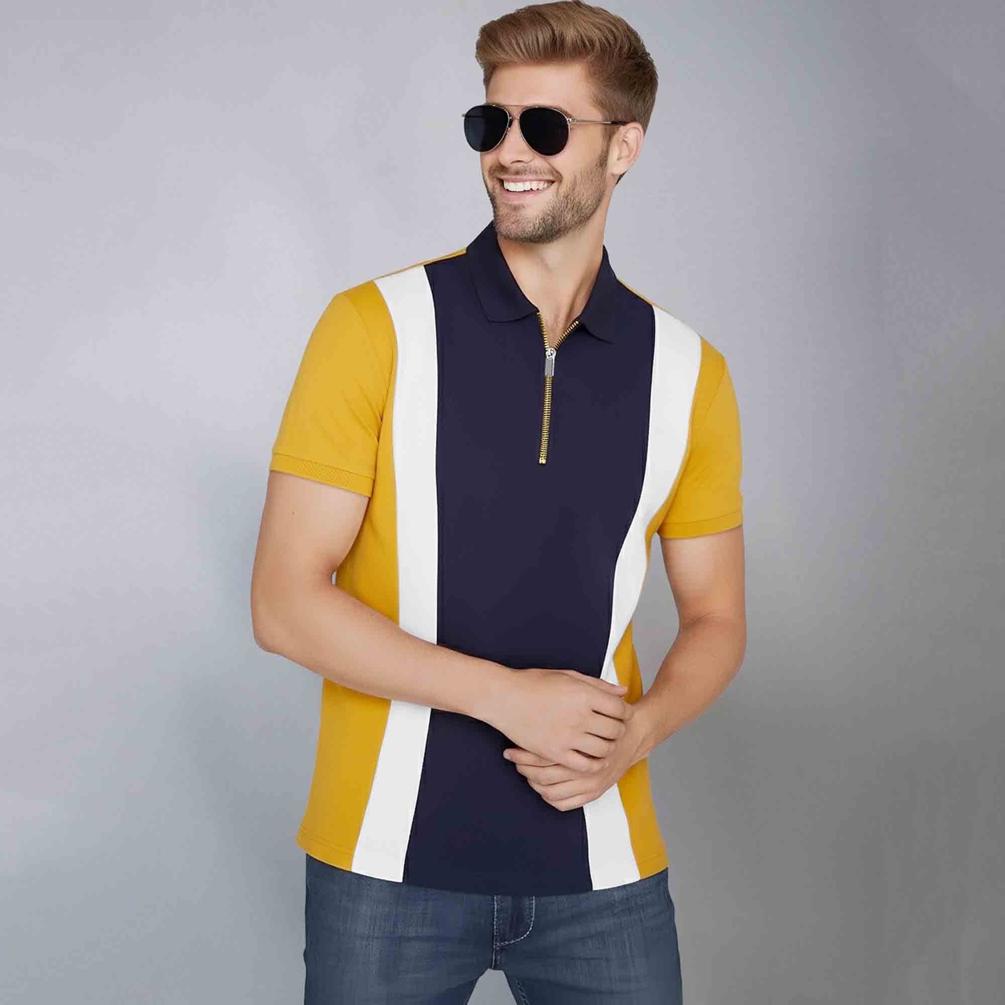 Color Block Zipper Polo T-Shirt Yellow