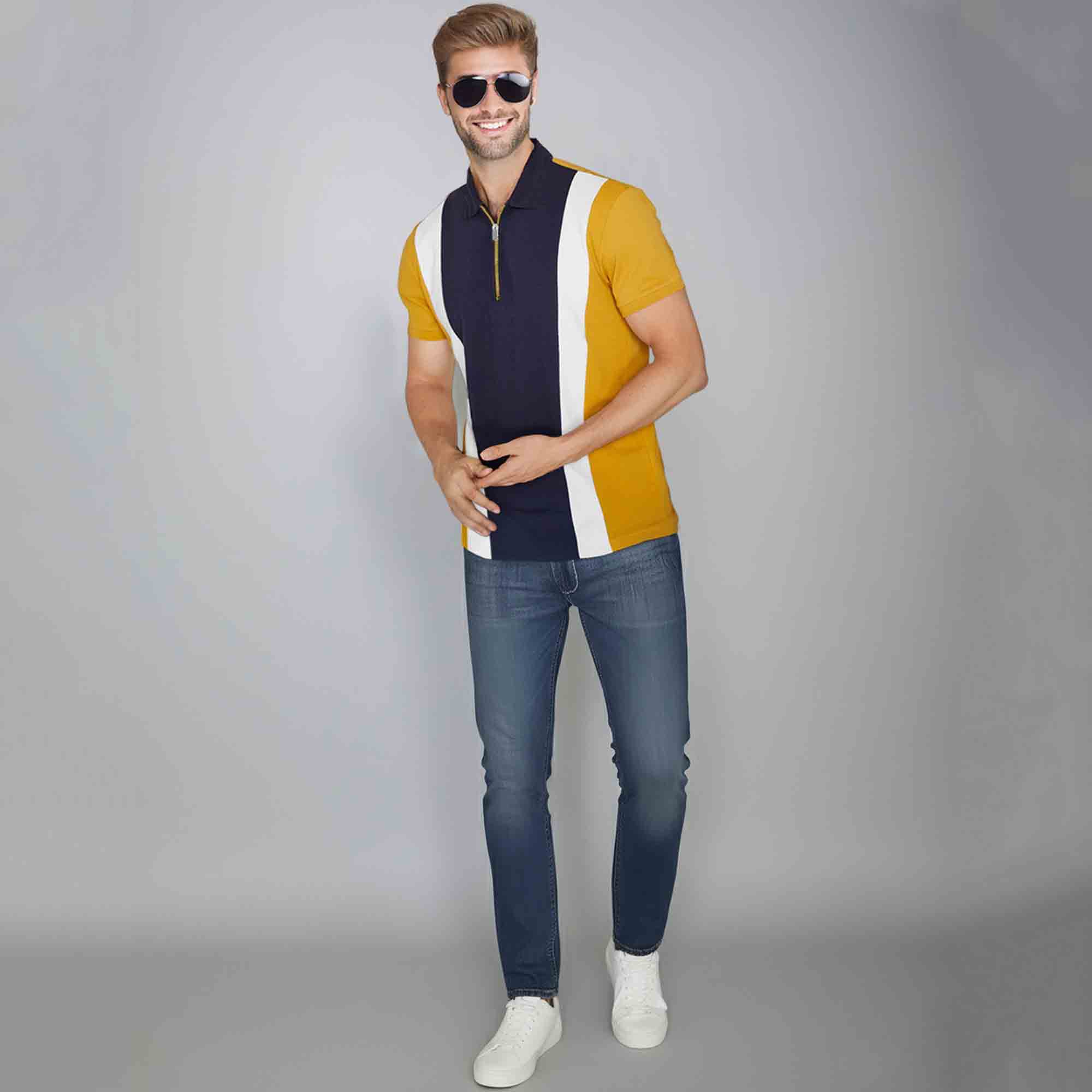 Color Block Zipper Polo T-Shirt Yellow