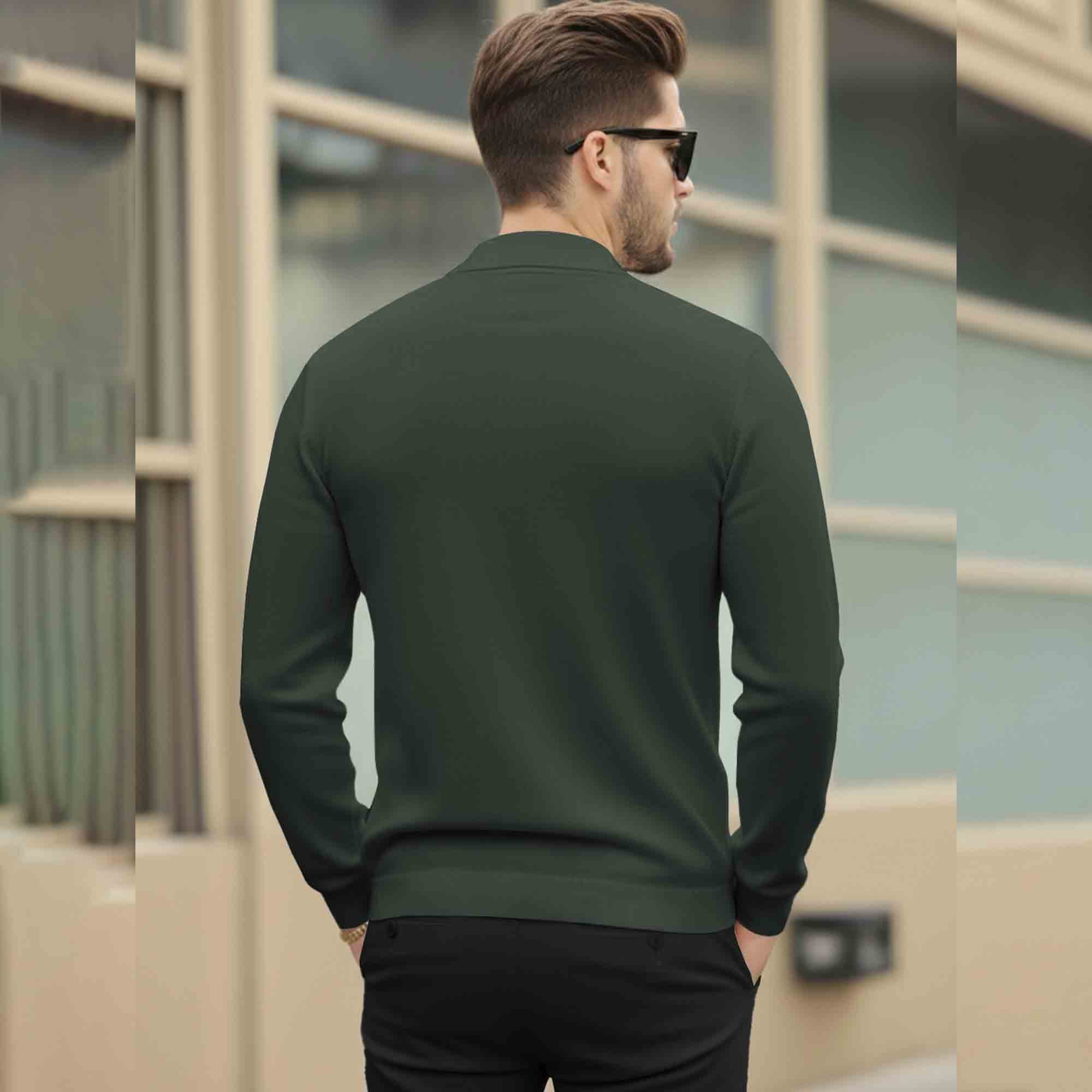 Men Quarter Zip Polo Neck Vertical Striped Full Sleeve T-shirt Olivegreen