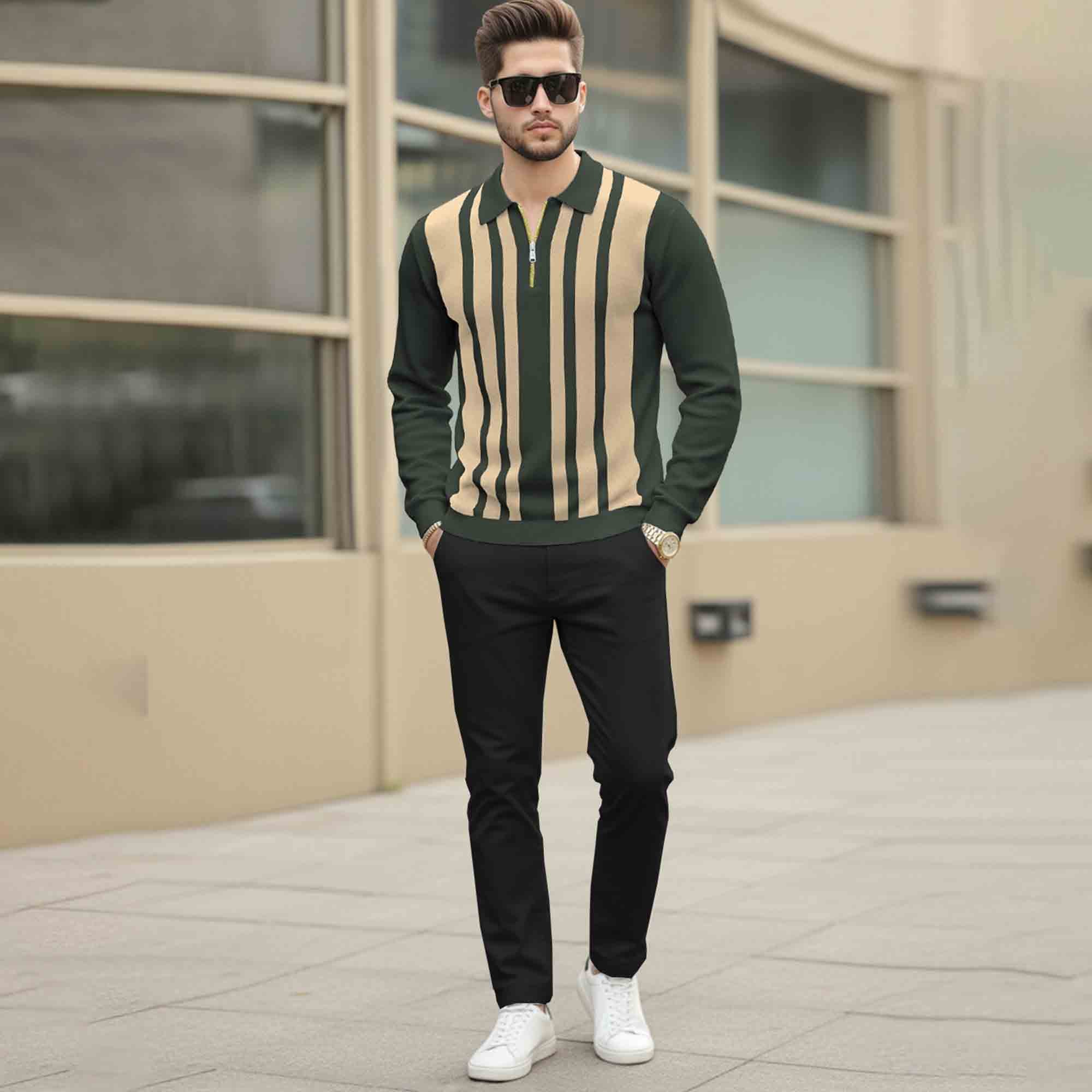 Men Quarter Zip Polo Neck Vertical Striped Full Sleeve T-shirt Olivegreen