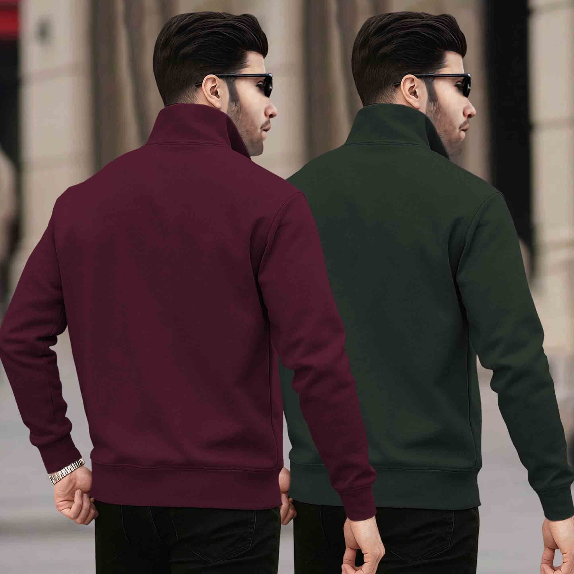 (Pack of 2) Mens Plain High Neck Plain Sweatshirts Maroon-Olivegreen