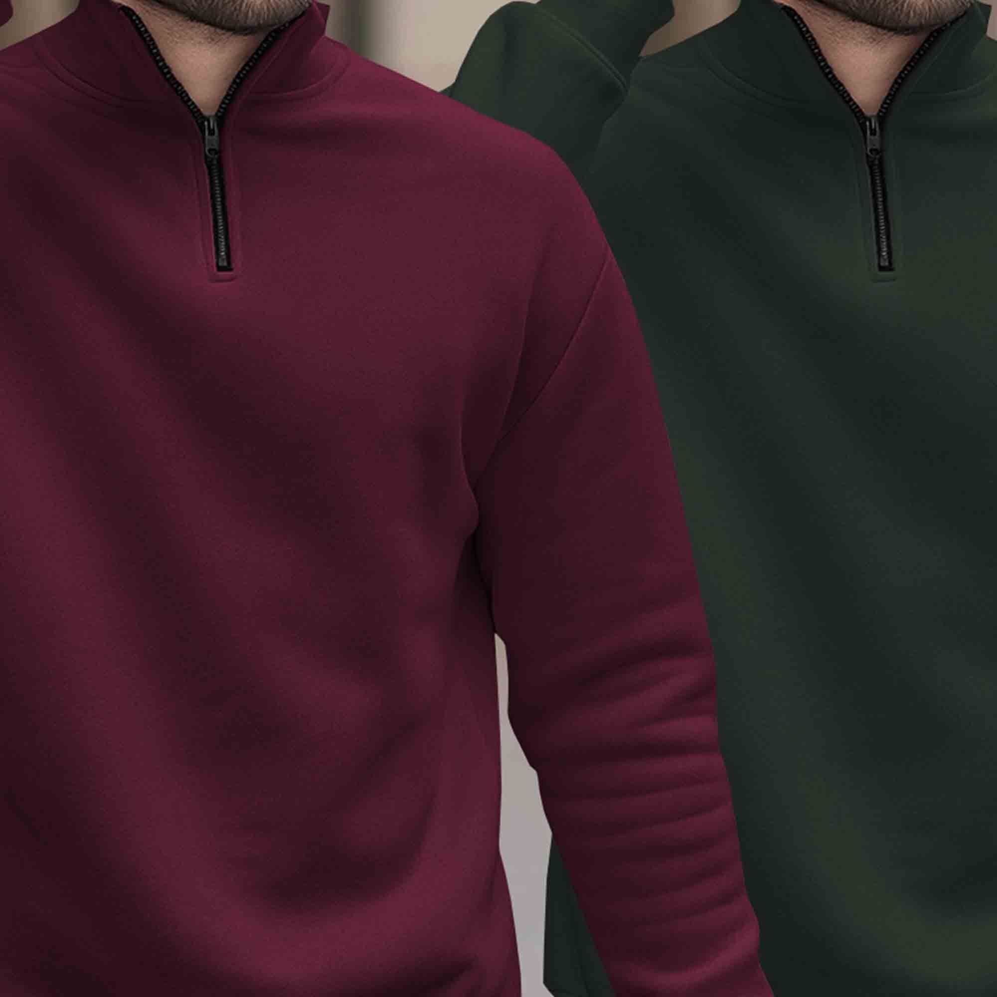 (Pack of 2) Mens Plain High Neck Plain Sweatshirts Maroon-Olivegreen