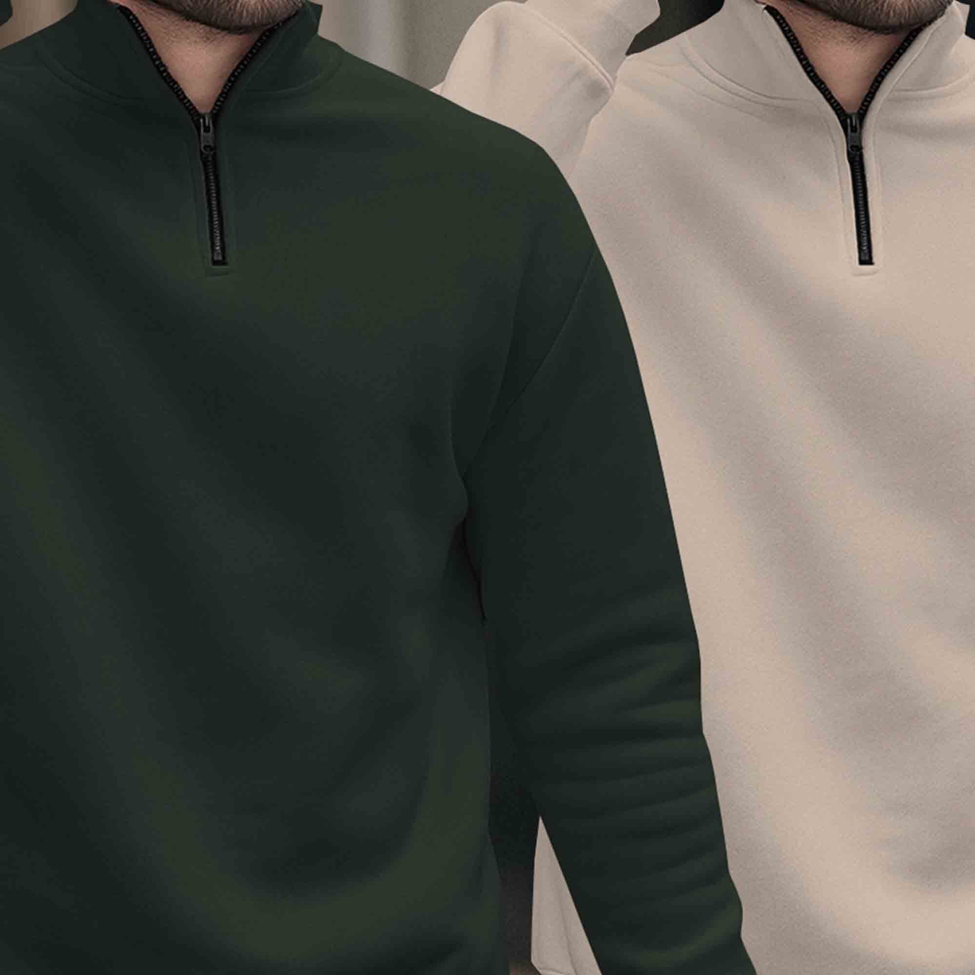 (Pack of 2) Mens Plain High Neck Plain Sweatshirts Olive-Beige