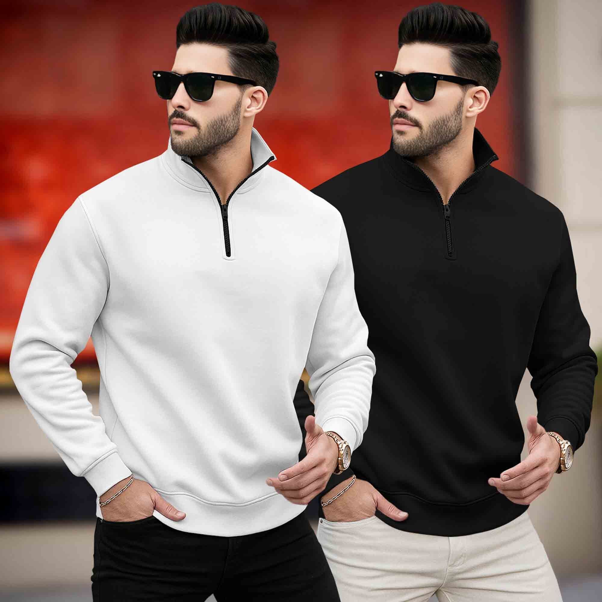 (Pack of 2) Mens Plain High Neck Plain Sweatshirts White & Black
