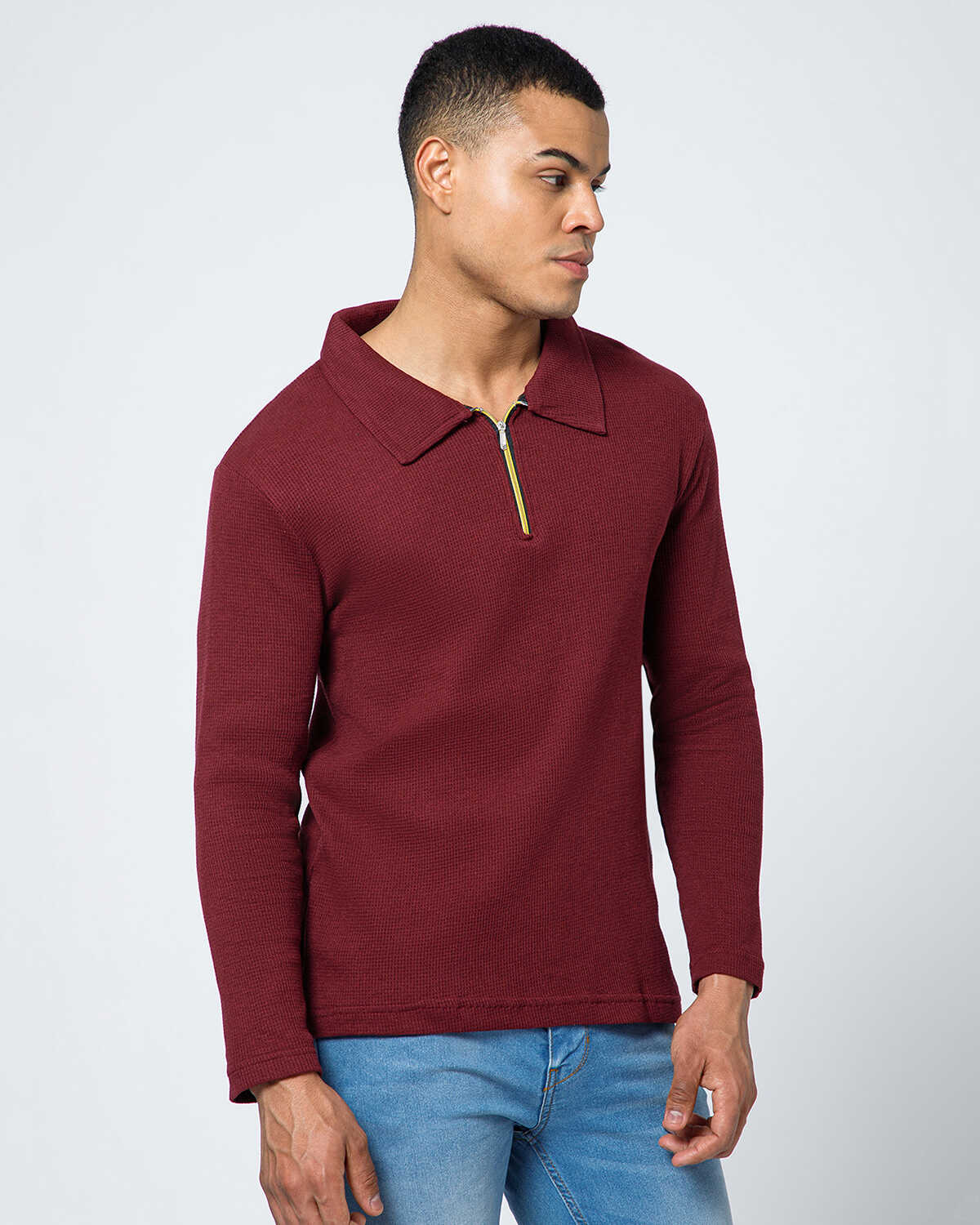 Men’s Waffle Textured Red Full Sleeve Polo T-Shirt with Quarter Zip Neck