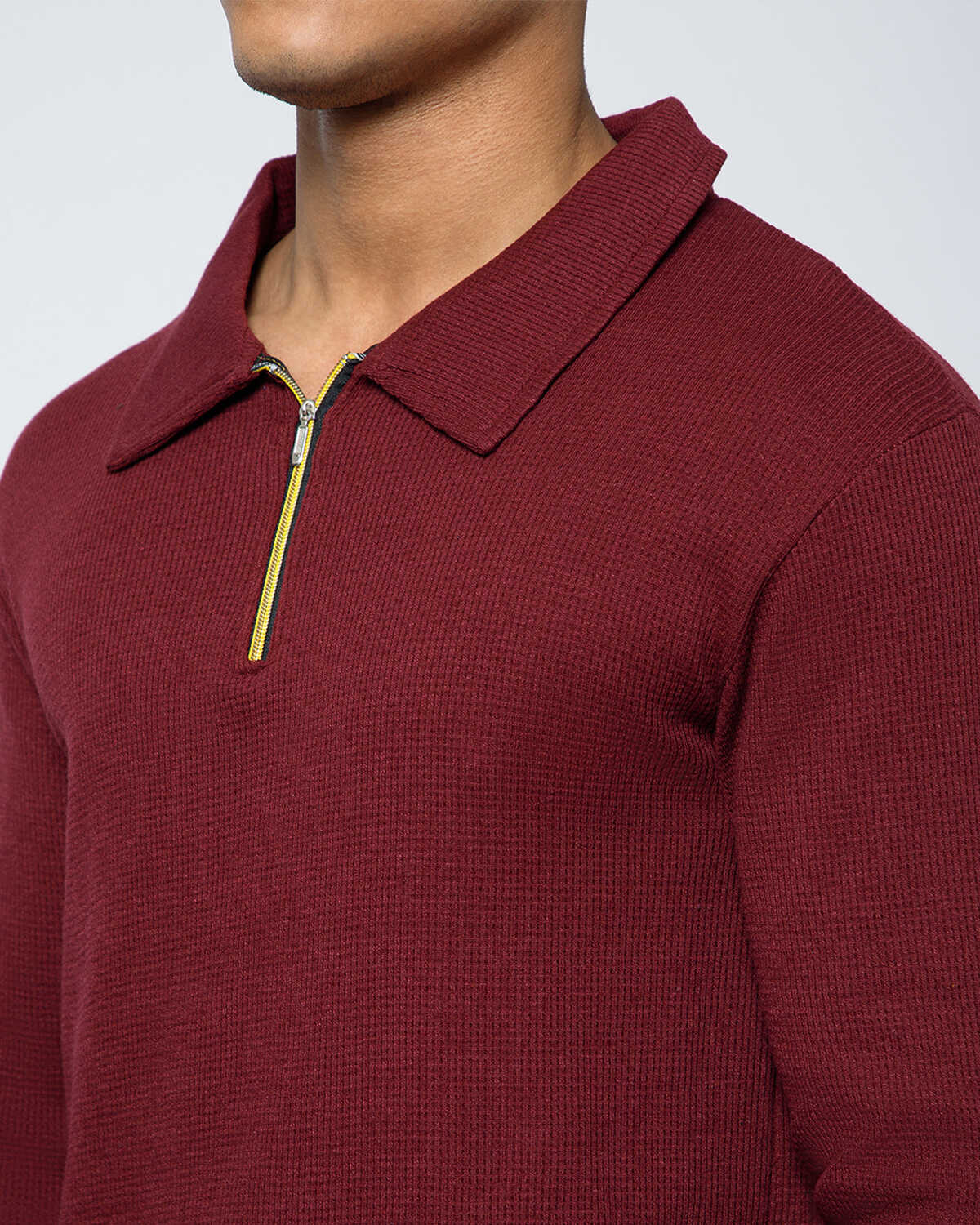 Men’s Waffle Textured Red Full Sleeve Polo T-Shirt with Quarter Zip Neck