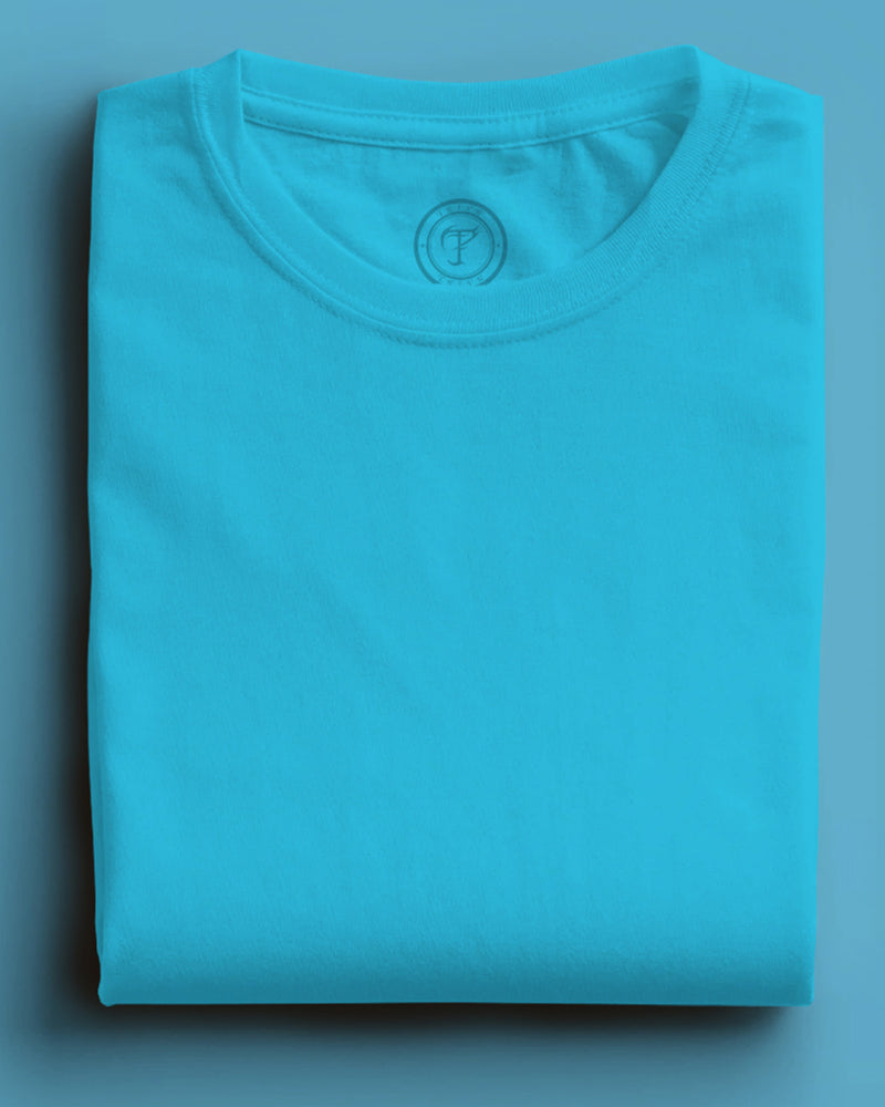 sky blue round neck half sleeve tshirt for men folded view