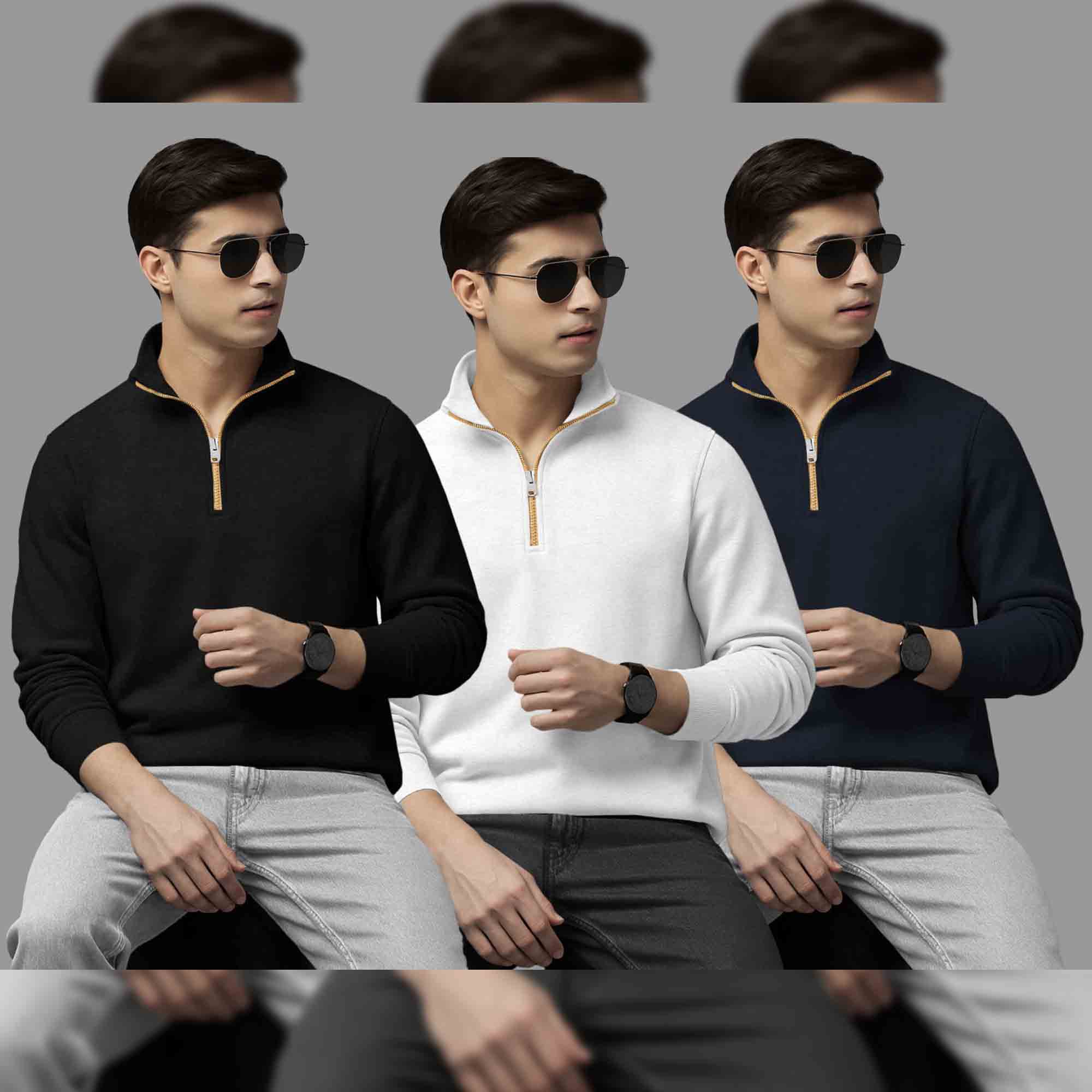 Pack Of 3 Mens Quarter Zip High Neck Plain Combo Sweatshirts