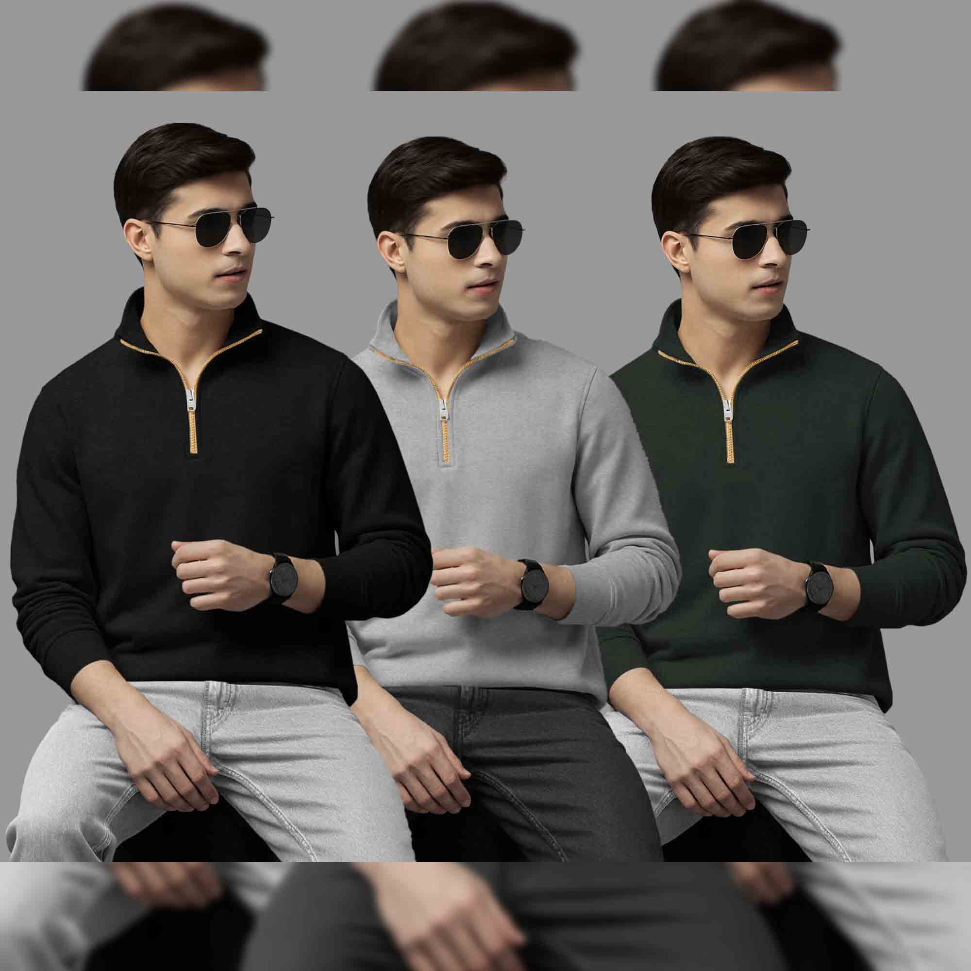Pack Of 3 Mens Quarter Zip High Neck Plain Combo Sweatshirts