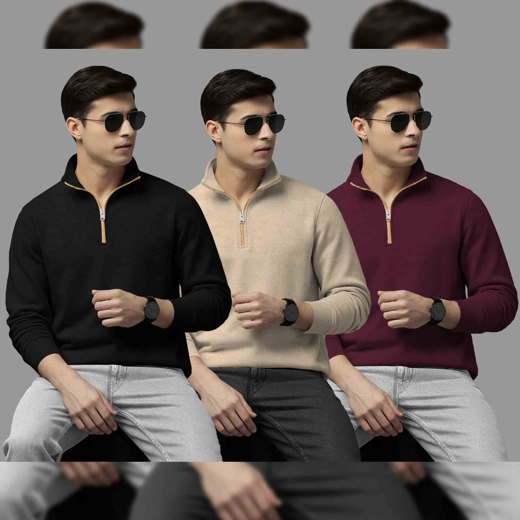 Pack Of 3 Mens Quarter Zip High Neck Plain Combo Sweatshirts