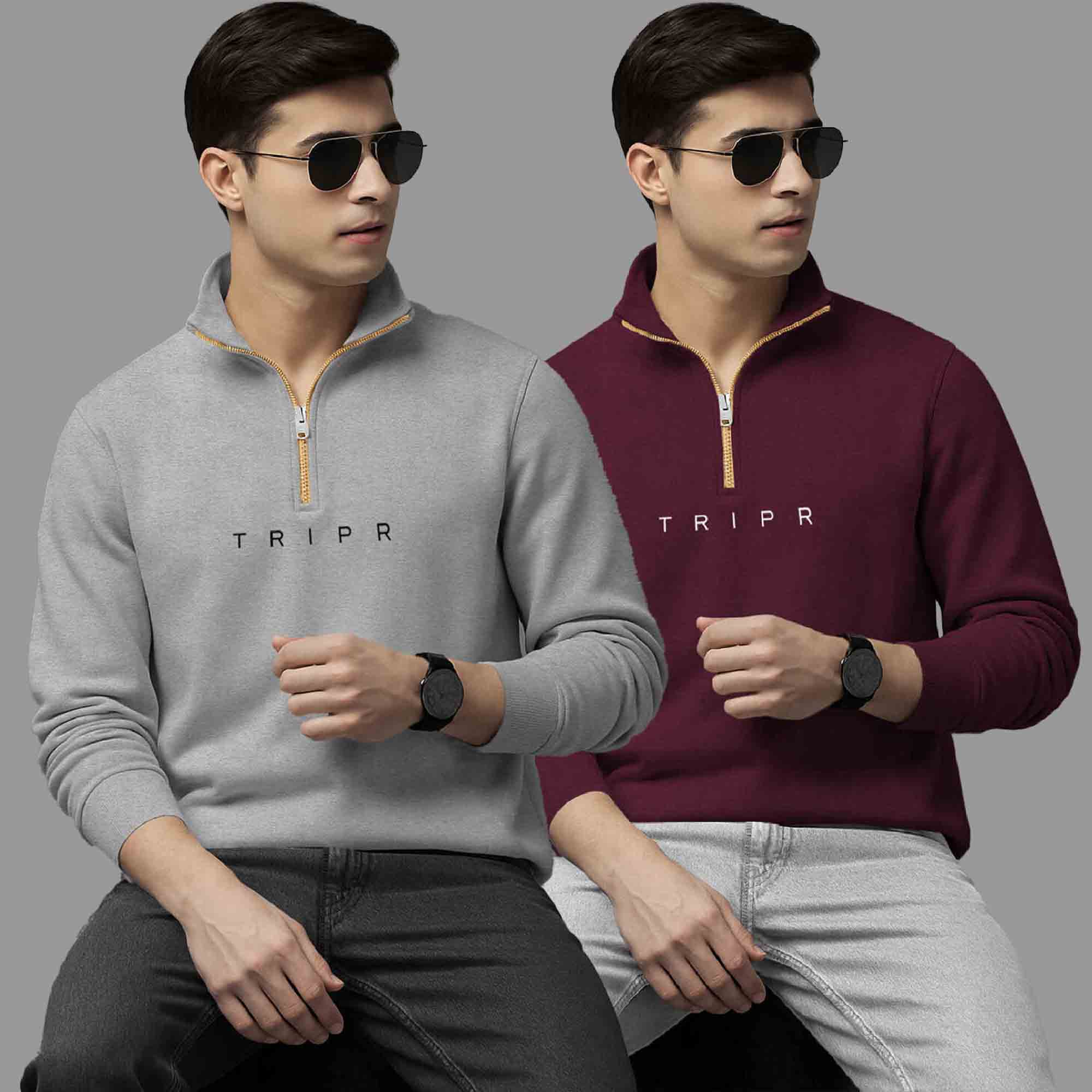 Pack Of 2 Logo Printed Mens Quarter Zip High Neck Combo Sweatshirts