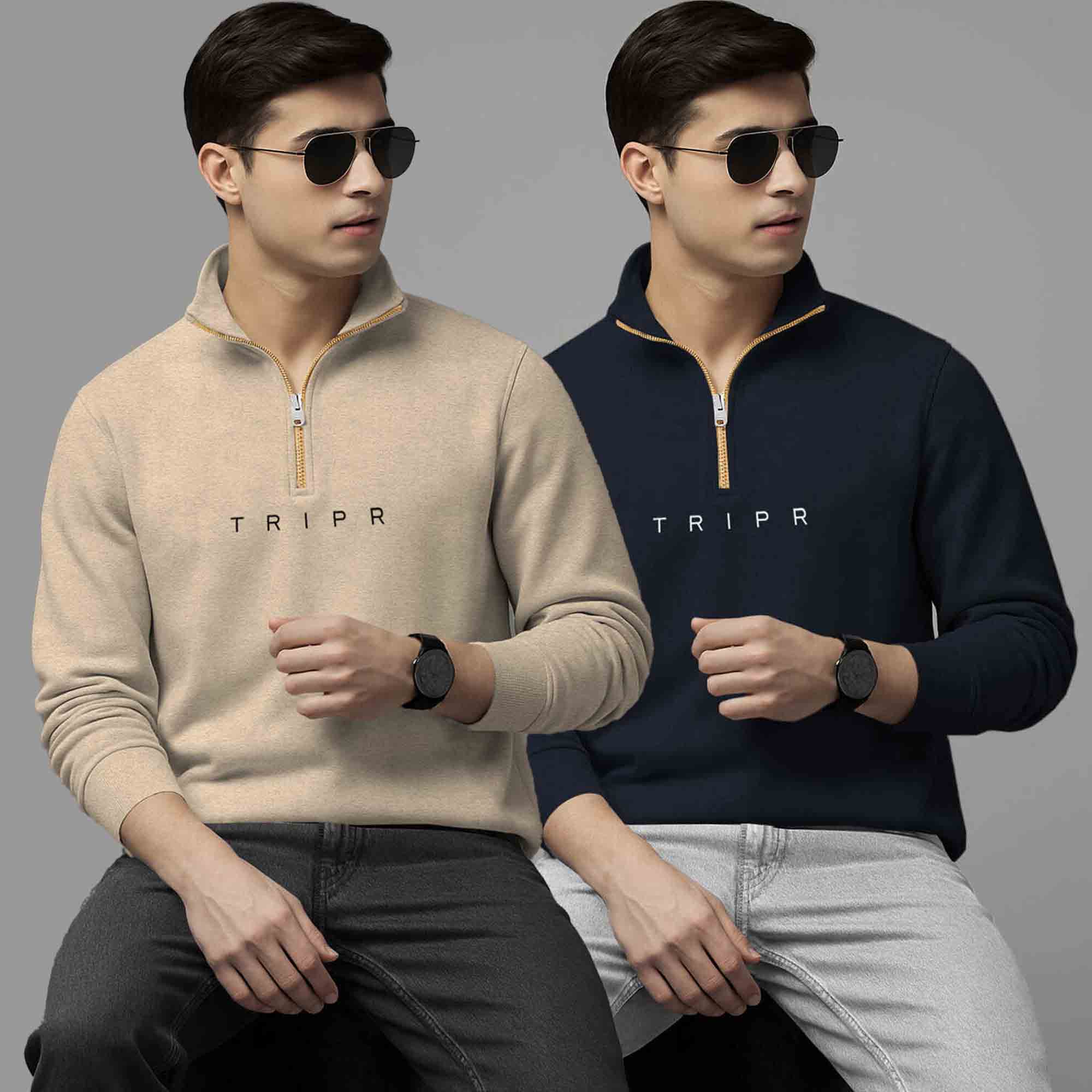 Pack Of 2 Logo Printed Mens Quarter Zip High Neck Combo Sweatshirts
