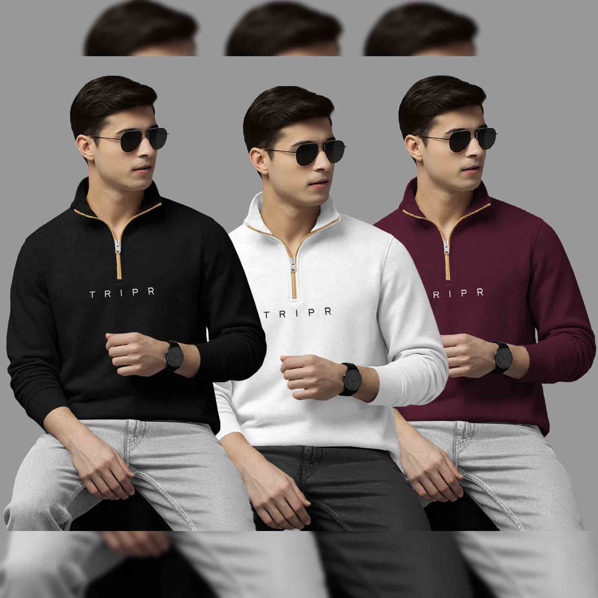 (Pack Of 3) Mens High Neck Sweatshirts Black-White-Maroon