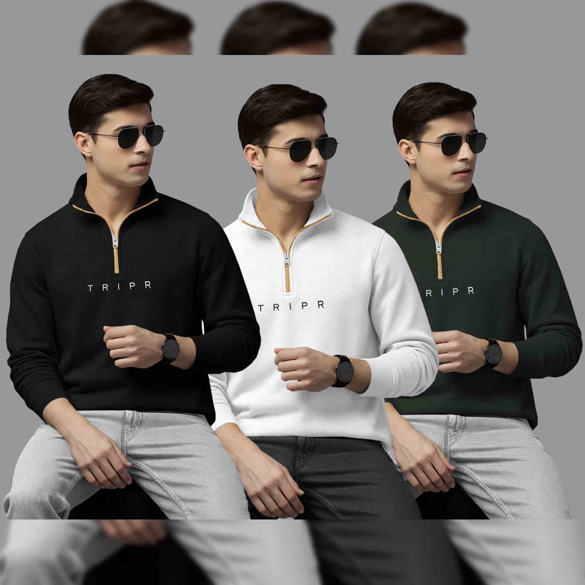 Pack Of 3 Logo Printed Mens Quarter Zip High Neck Combo Sweatshirts