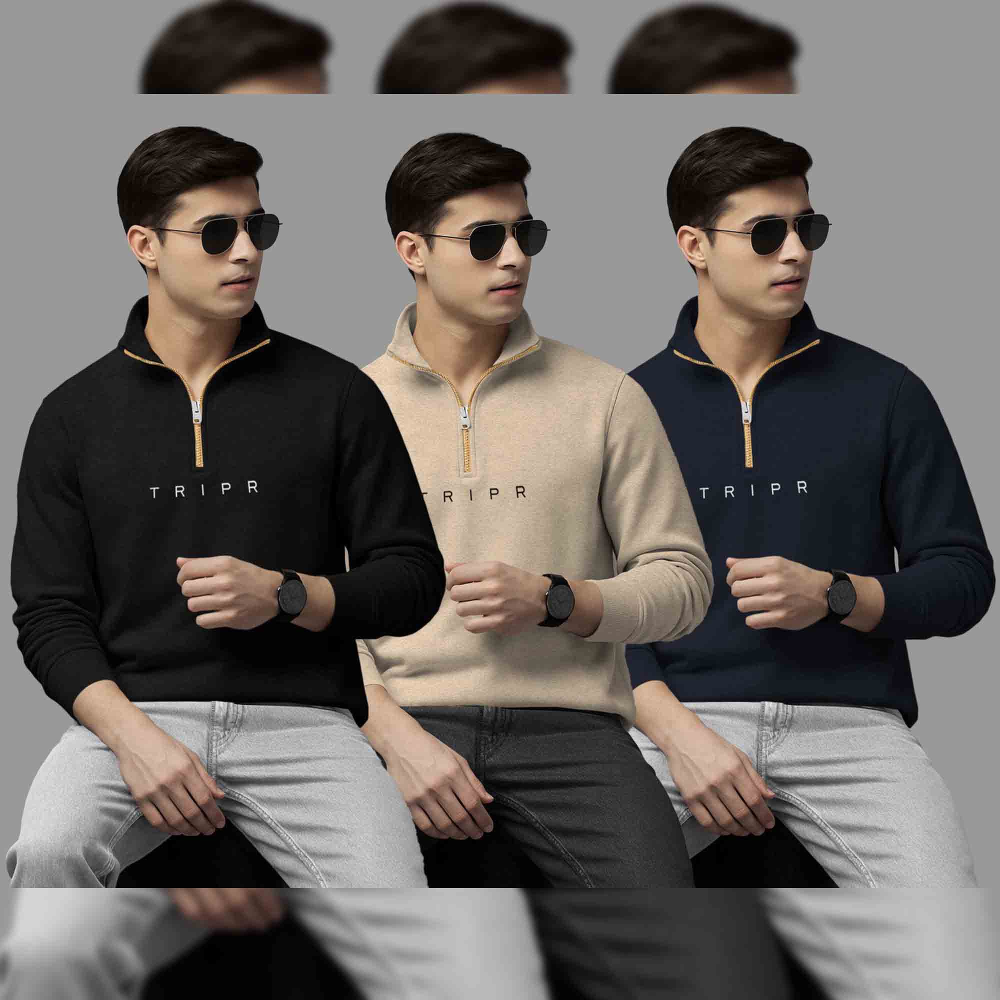 Pack Of 3 Logo Printed Mens Quarter Zip High Neck Combo Sweatshirts