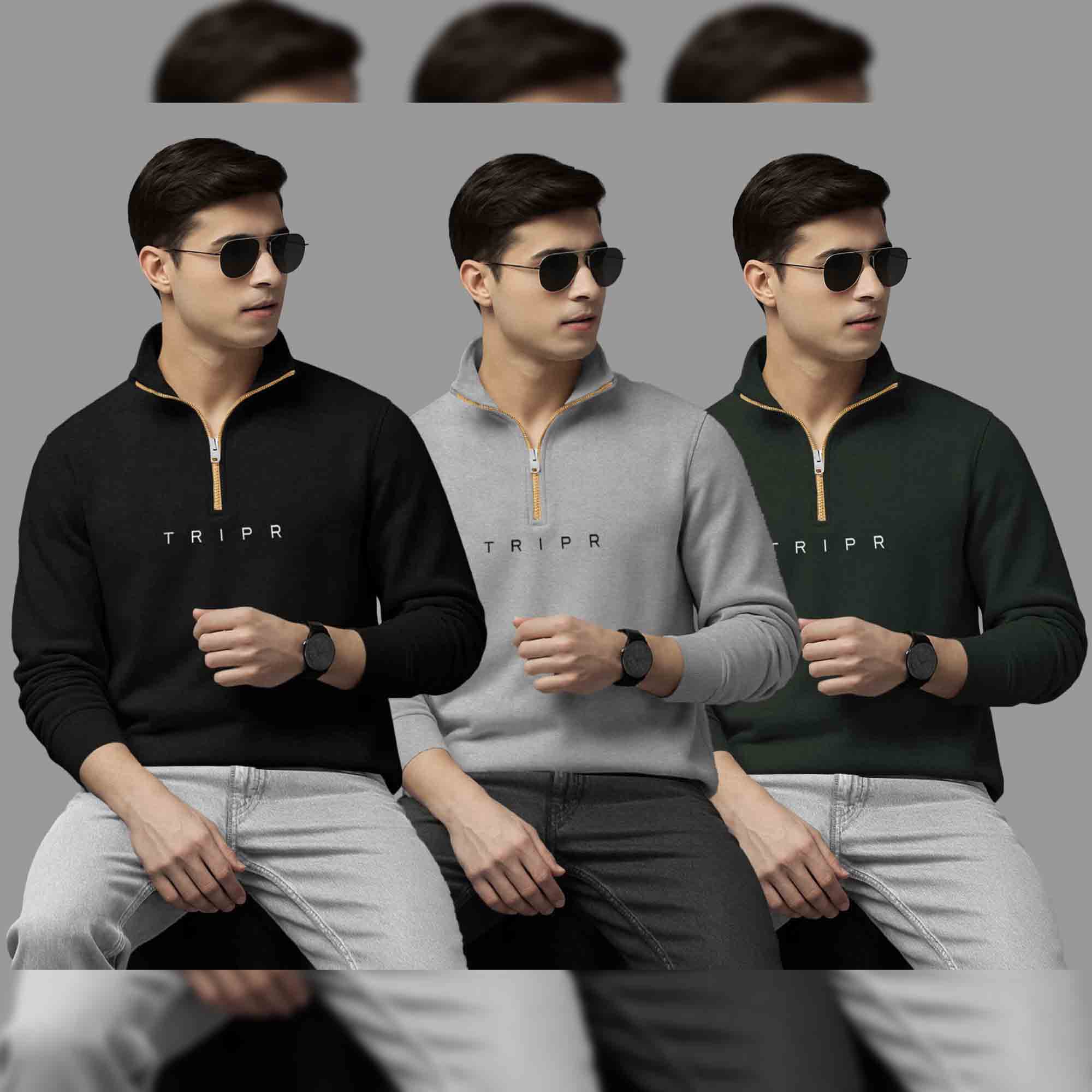 Pack Of 3 Logo Printed Mens Quarter Zip High Neck Combo Sweatshirts