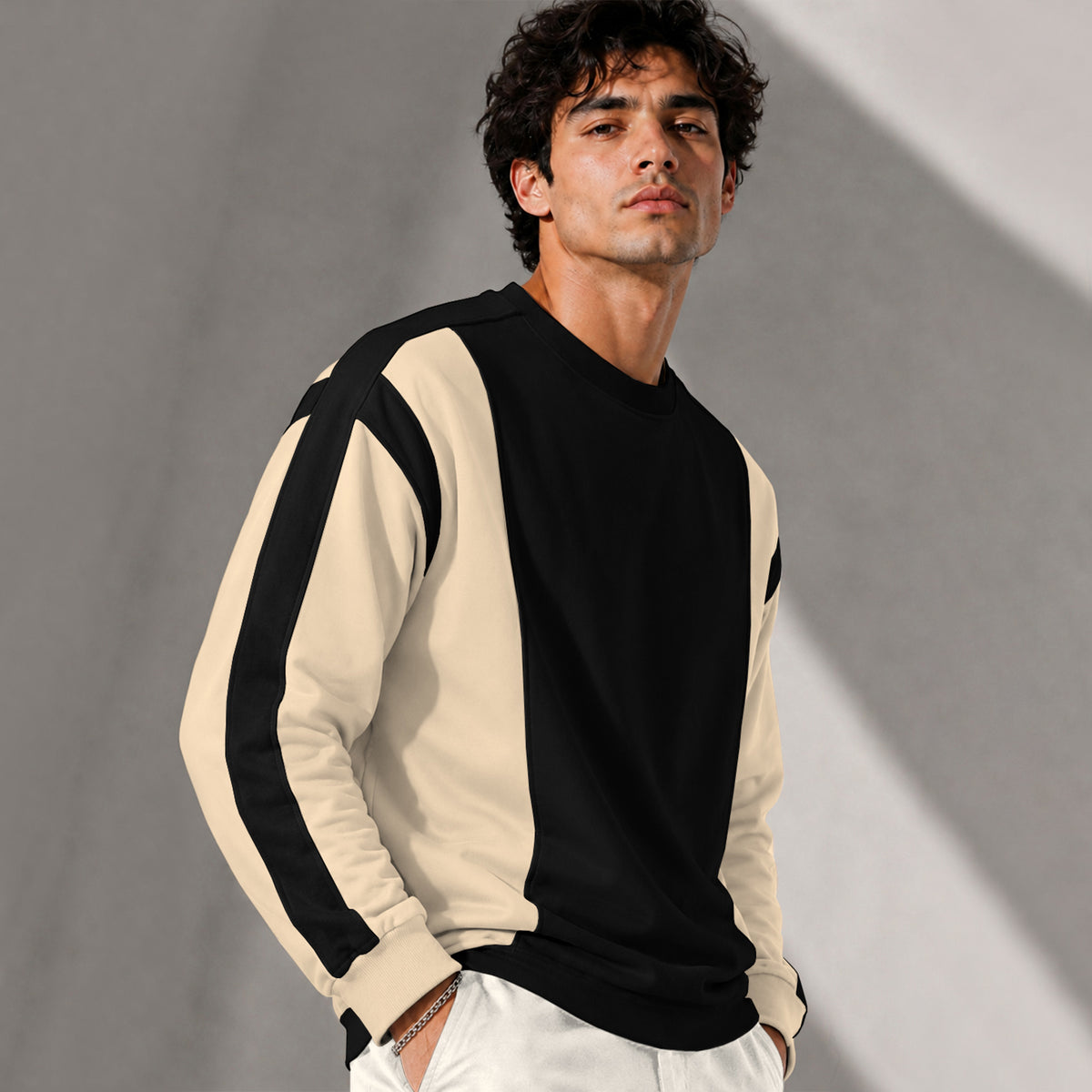 Full Sleeve Crew Neck Dual Color Winter Sweatshirt Beige