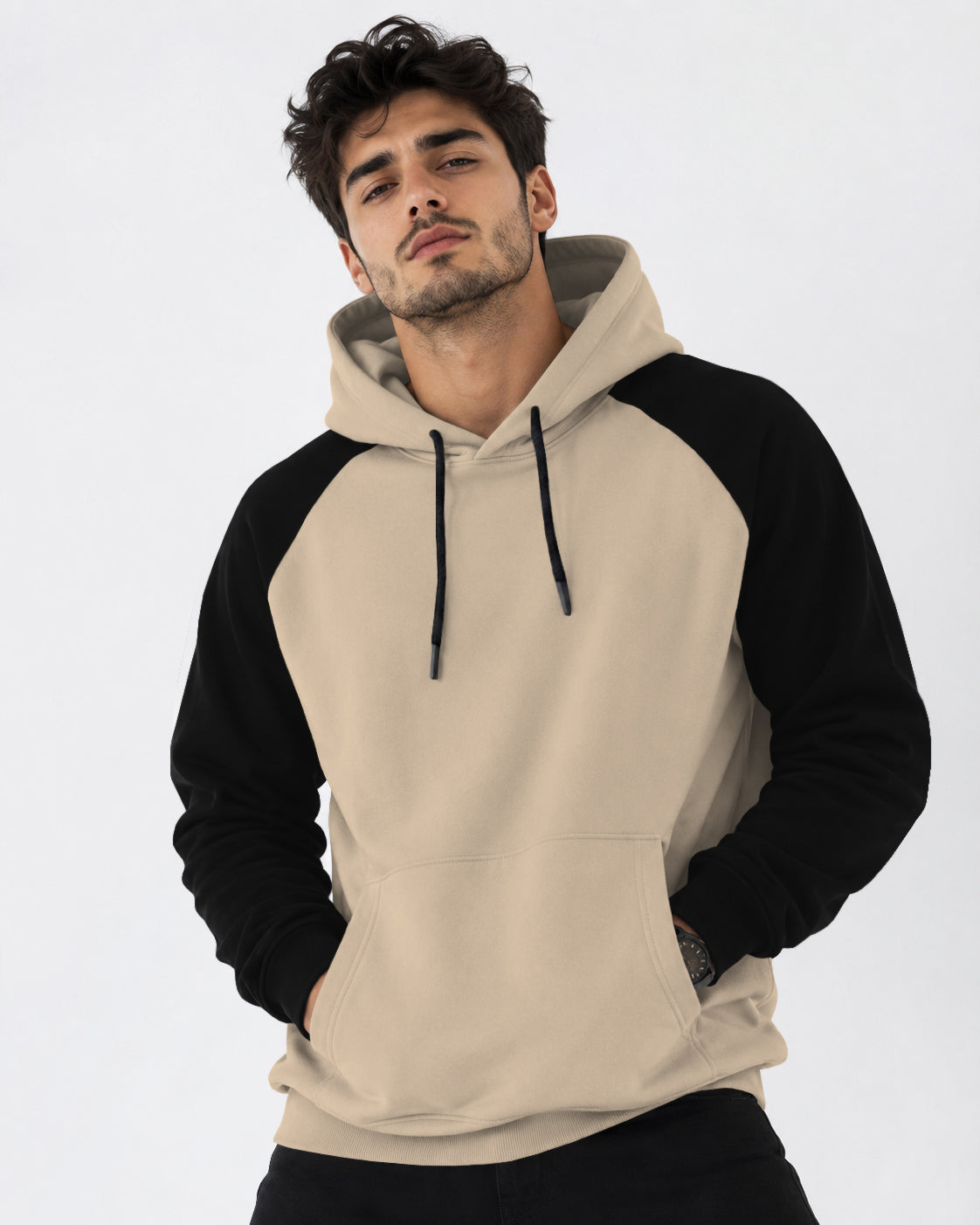 Mens Contrast Panel Kangaroo Pocket Hooded Sweatshirt Beige