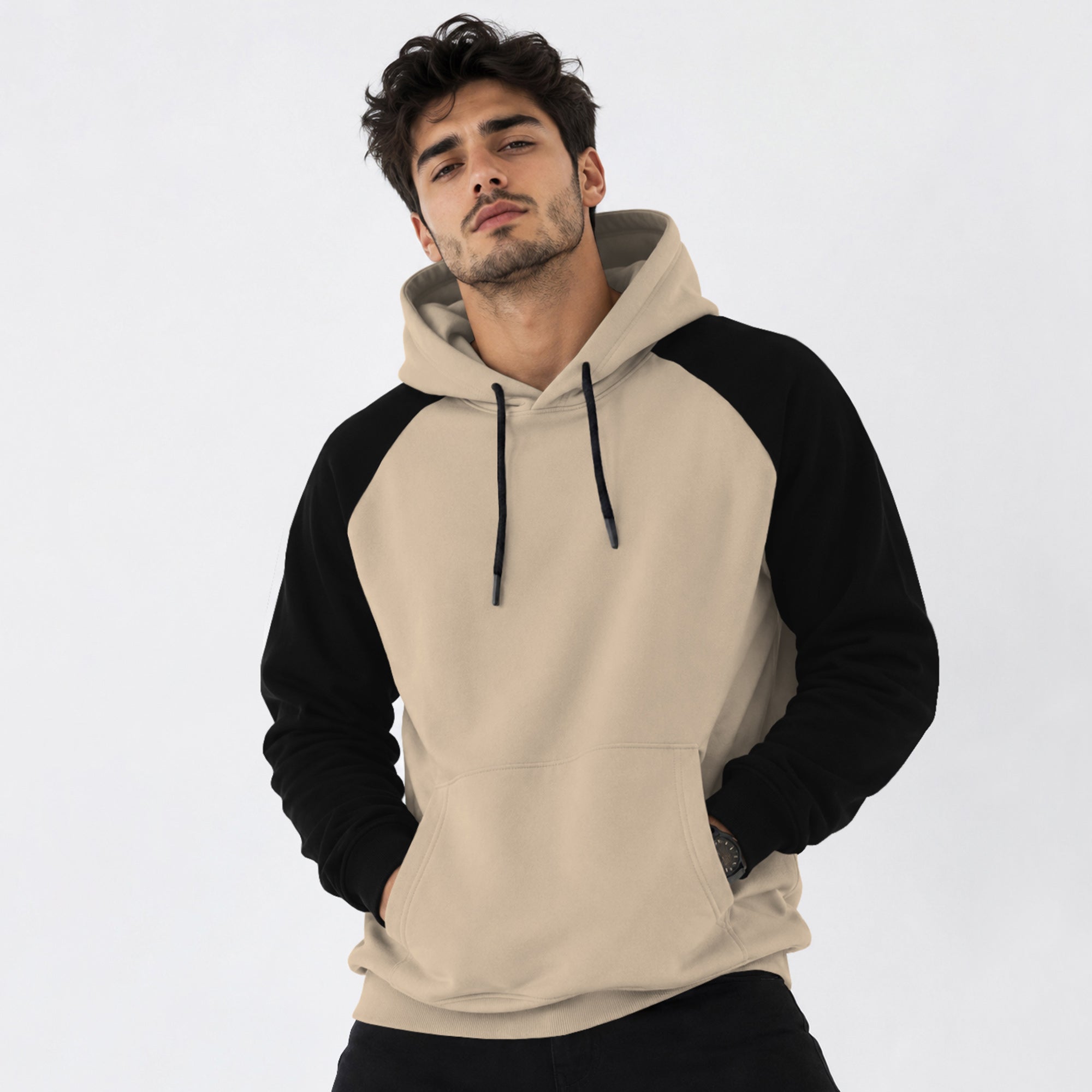 Mens Contrast Panel Kangaroo Pocket Hooded Sweatshirt Beige
