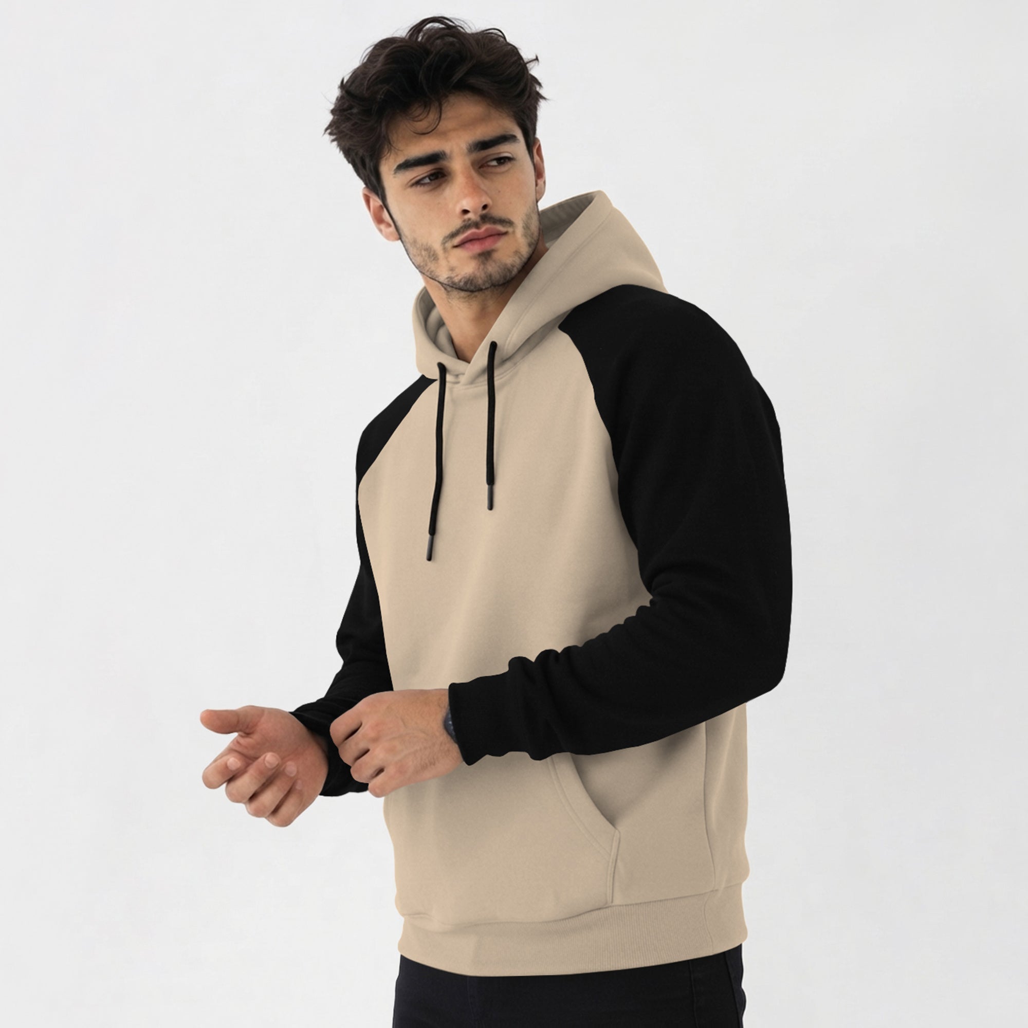 Mens Contrast Panel Kangaroo Pocket Hooded Sweatshirt Beige
