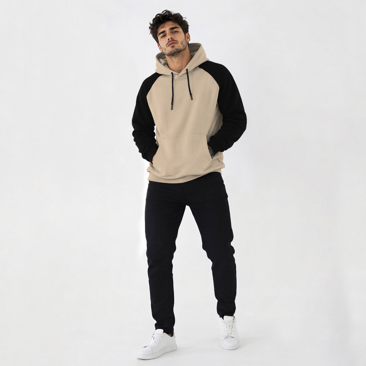 Mens Contrast Panel Kangaroo Pocket Hooded Sweatshirt Beige