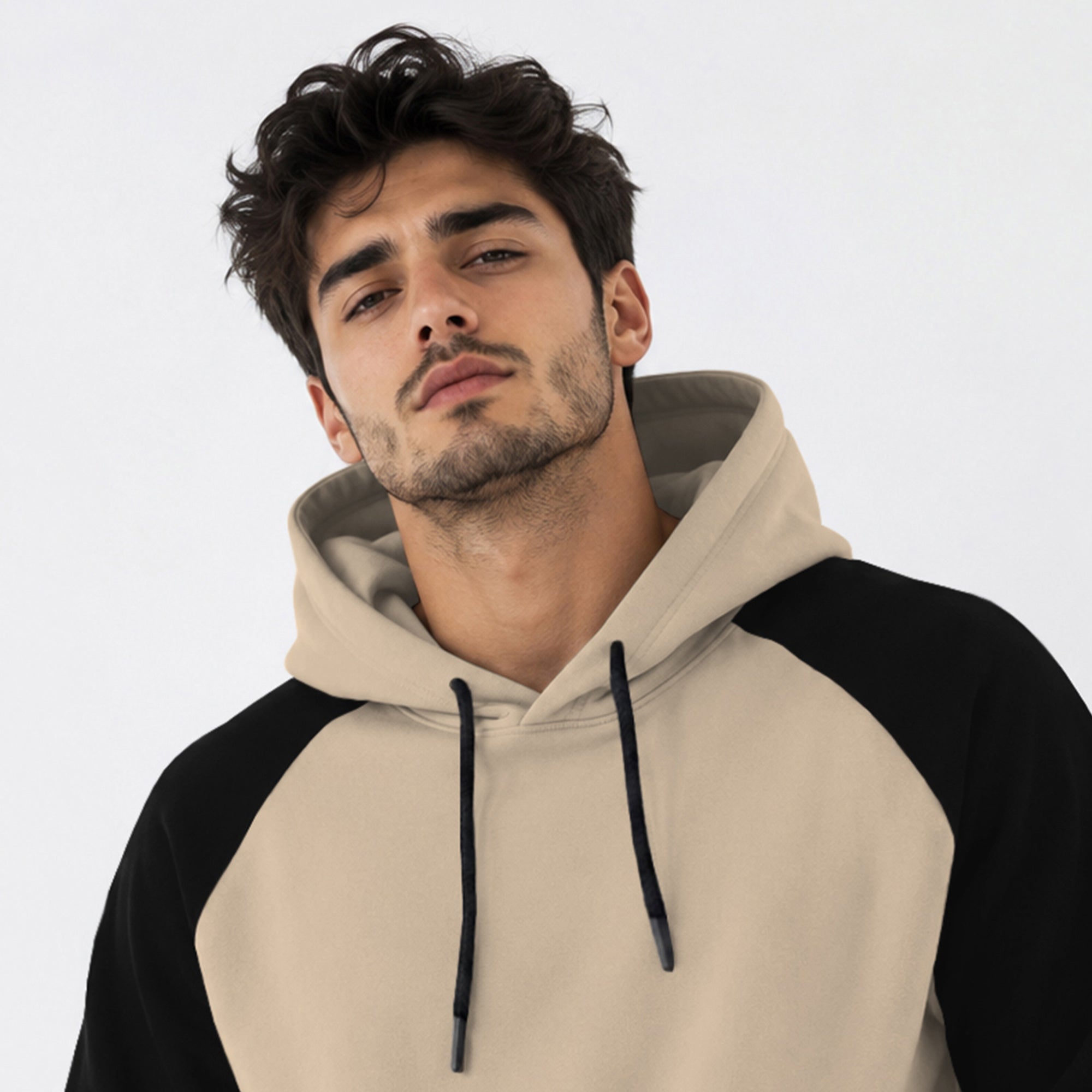 Mens Contrast Panel Kangaroo Pocket Hooded Sweatshirt Beige