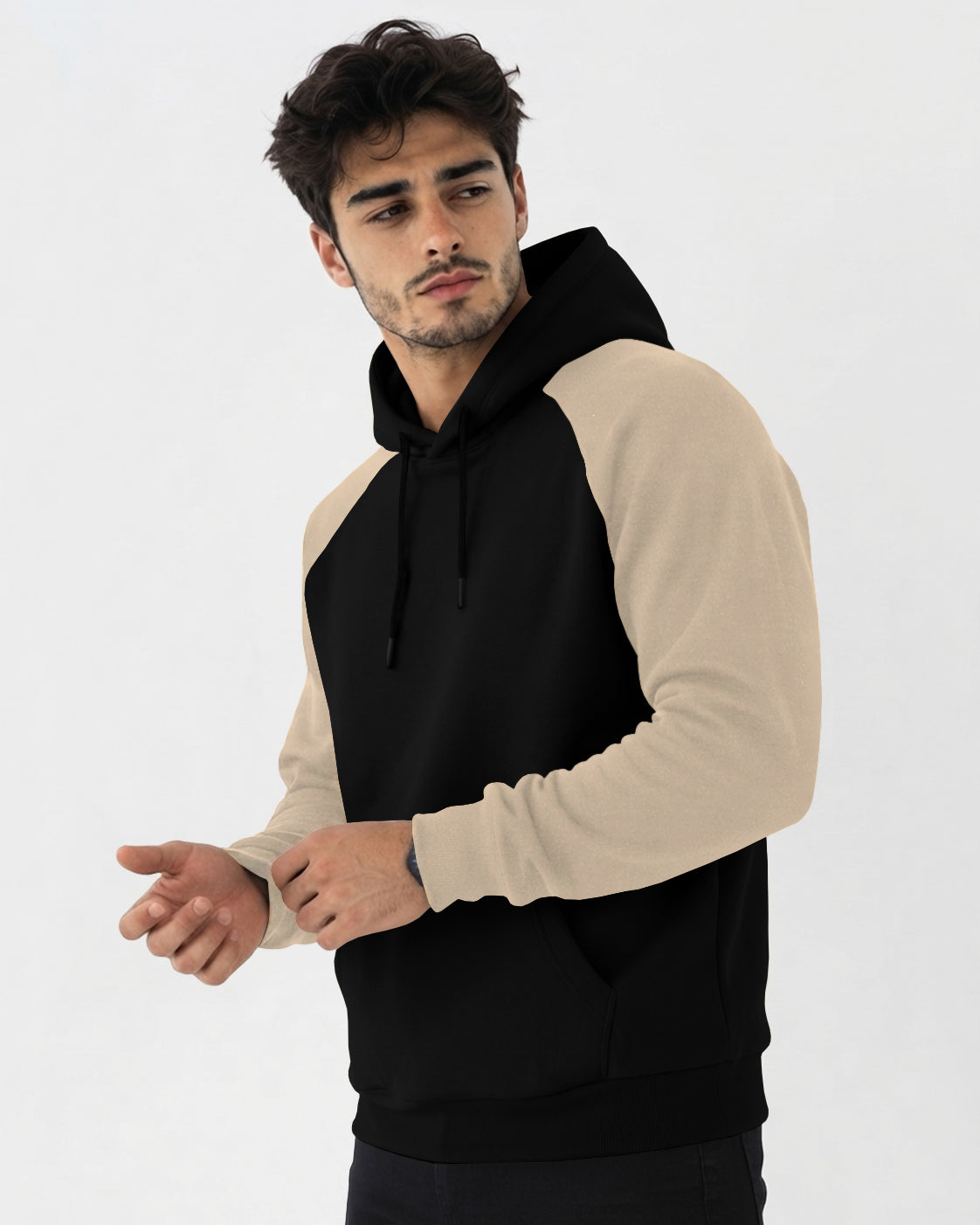 Mens Contrast Panel Kangaroo Pocket Hooded Sweatshirt Black
