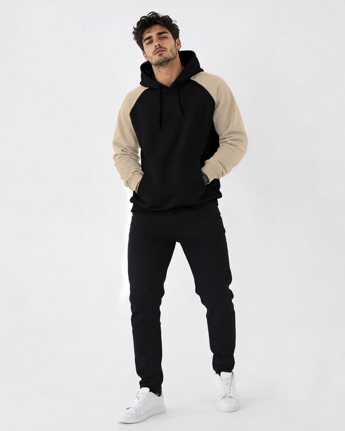 Mens Contrast Panel Kangaroo Pocket Hooded Sweatshirt Black