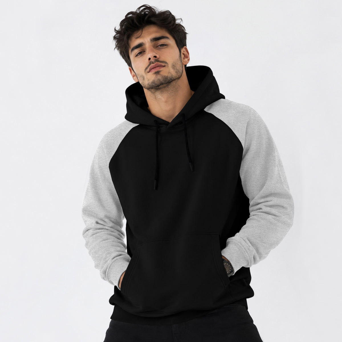 Mens Contrast Panel Kangaroo Pocket Hooded Sweatshirt Black|Grey