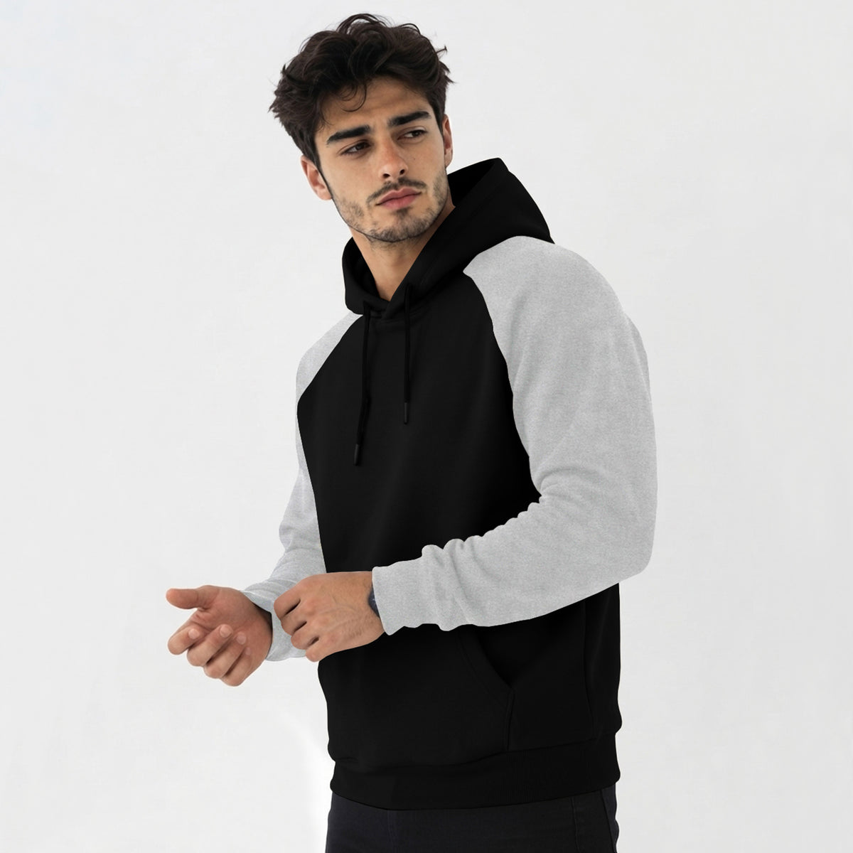 Mens Contrast Panel Kangaroo Pocket Hooded Sweatshirt Black|Grey