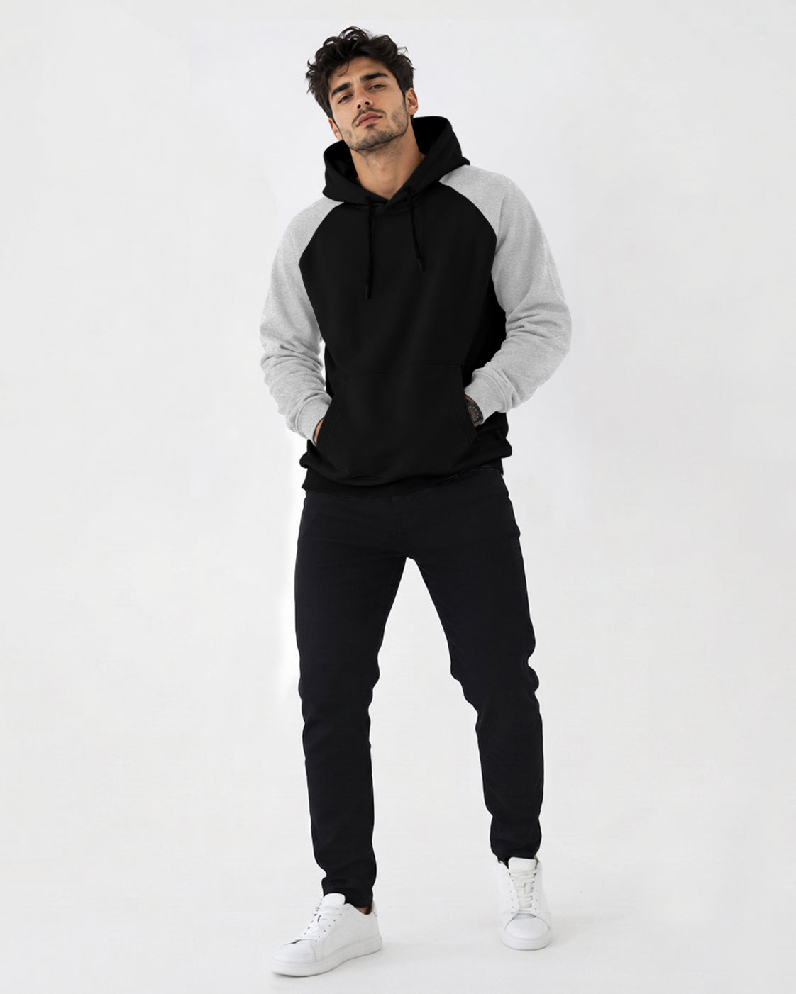 Mens Contrast Panel Kangaroo Pocket Hooded Sweatshirt Black|Grey