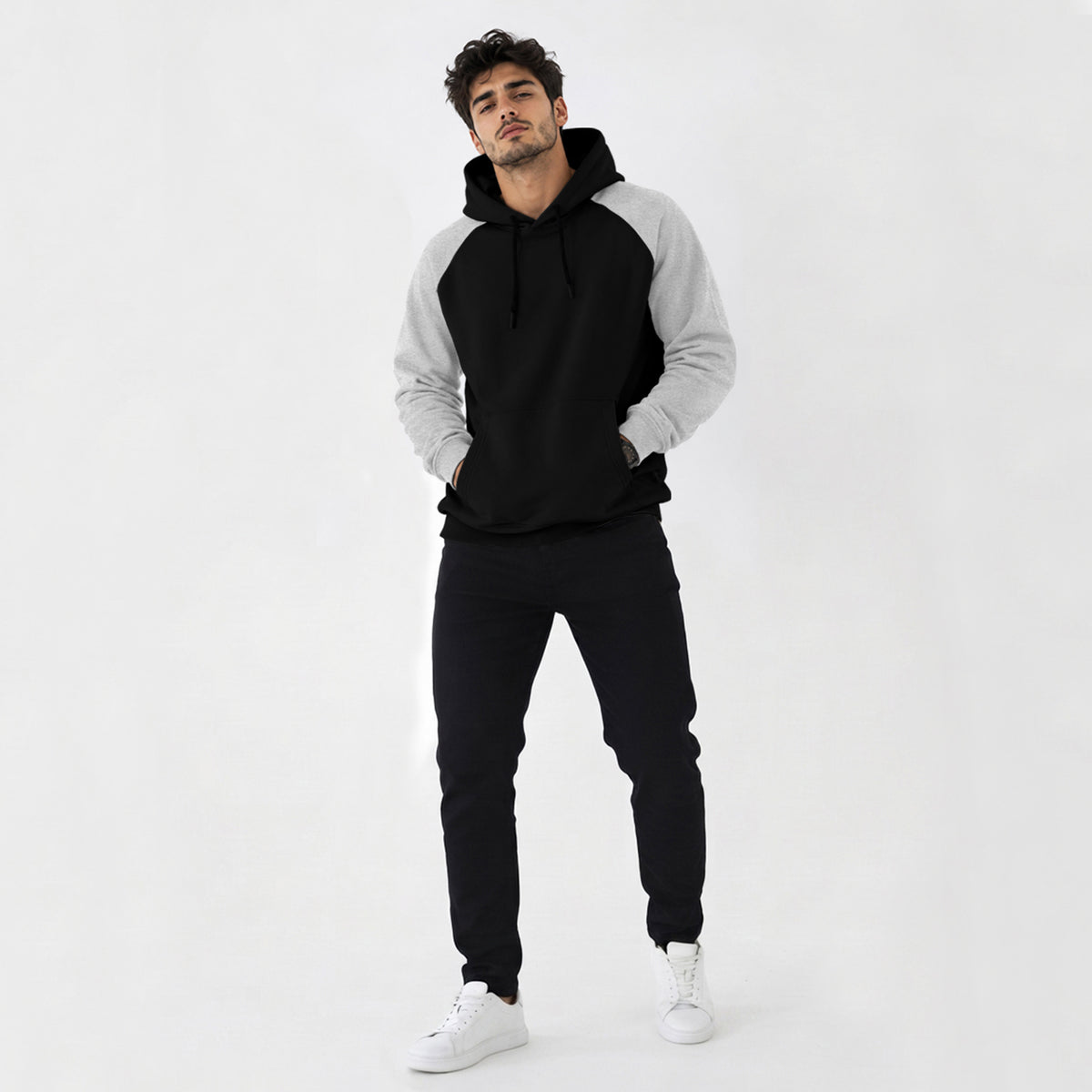 Mens Contrast Panel Kangaroo Pocket Hooded Sweatshirt Black|Grey