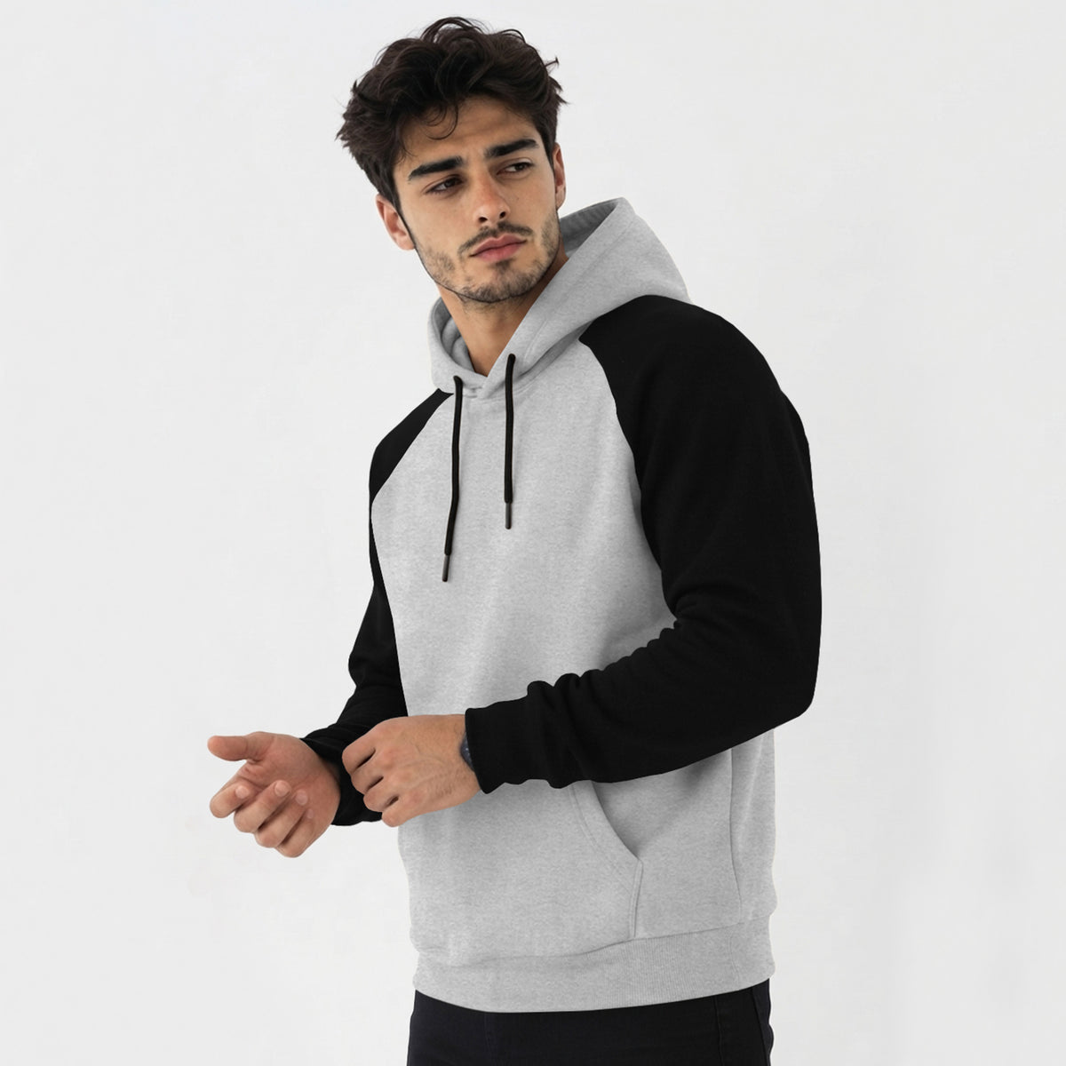 Mens Contrast Panel Kangaroo Pocket Hooded Sweatshirt Grey