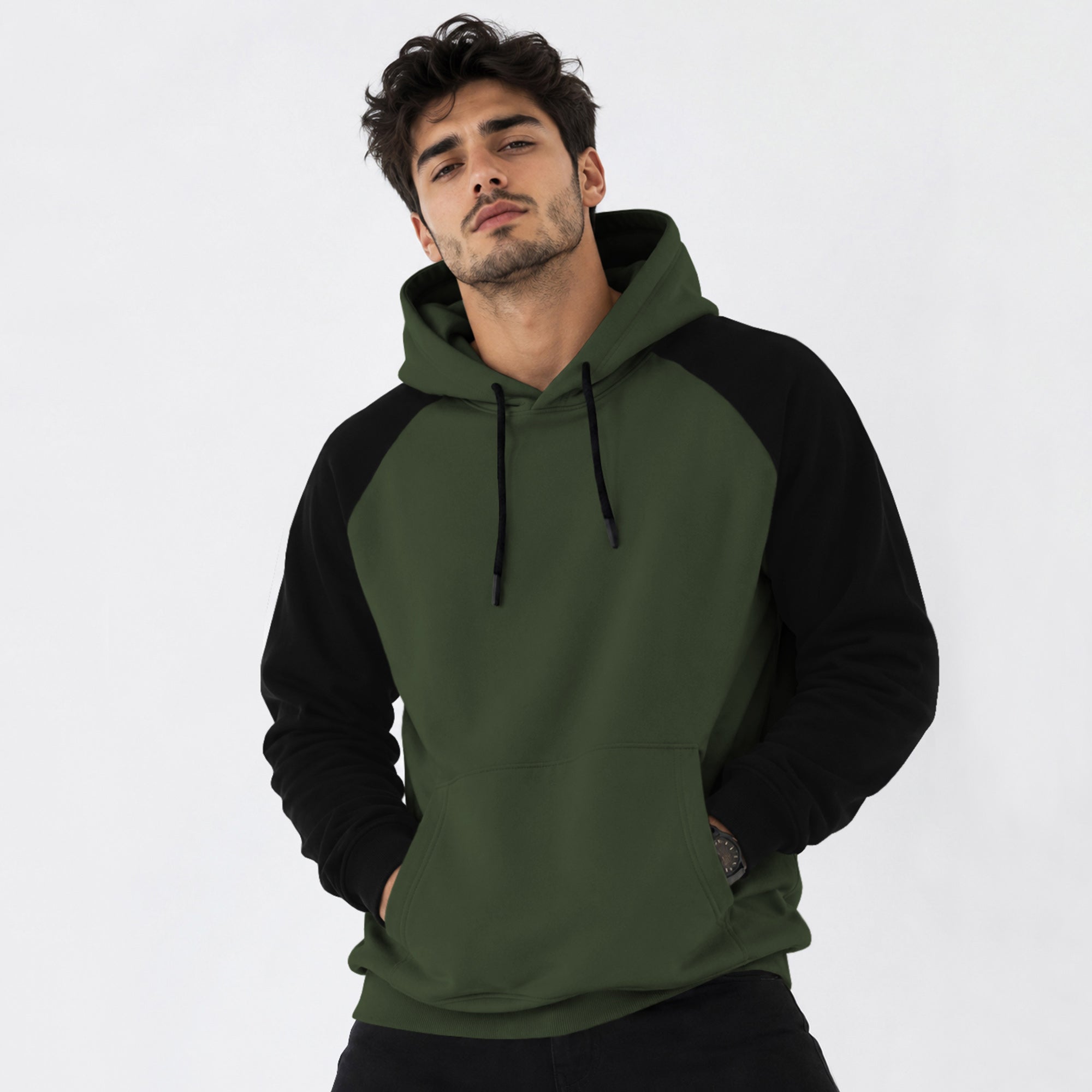Mens Contrast Panel Kangaroo Pocket Hooded Sweatshirt Olive Green