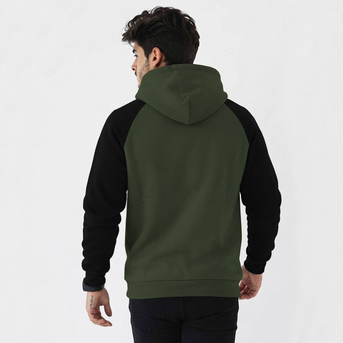 Mens Contrast Panel Kangaroo Pocket Hooded Sweatshirt Olive Green