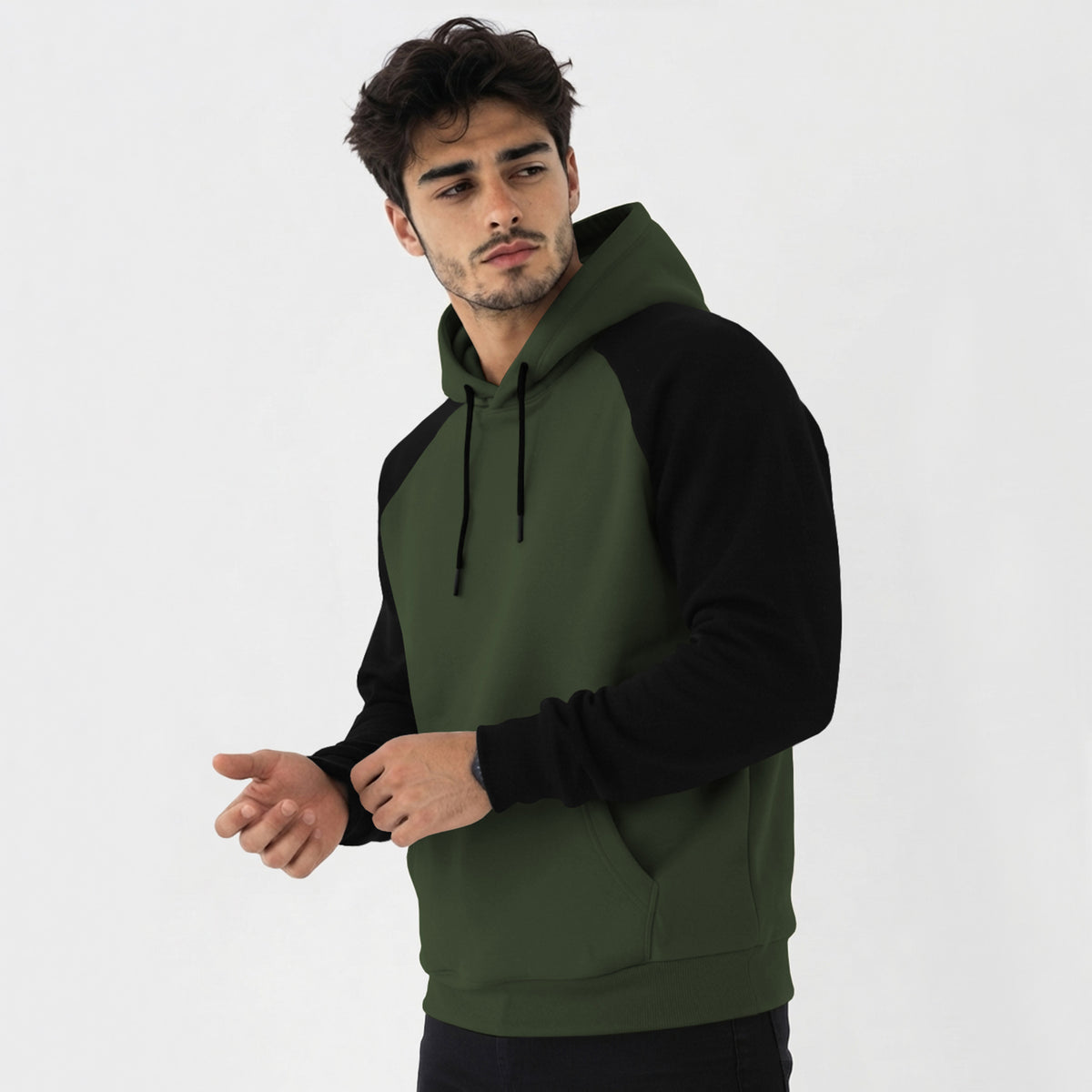 Mens Contrast Panel Kangaroo Pocket Hooded Sweatshirt Olive Green