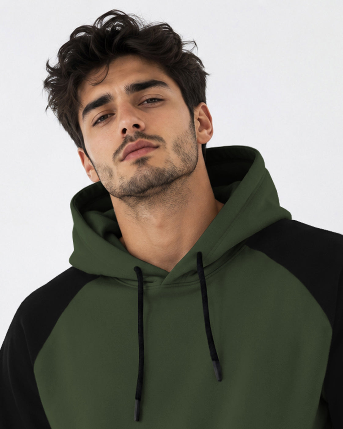 Mens Contrast Panel Kangaroo Pocket Hooded Sweatshirt Olive Green