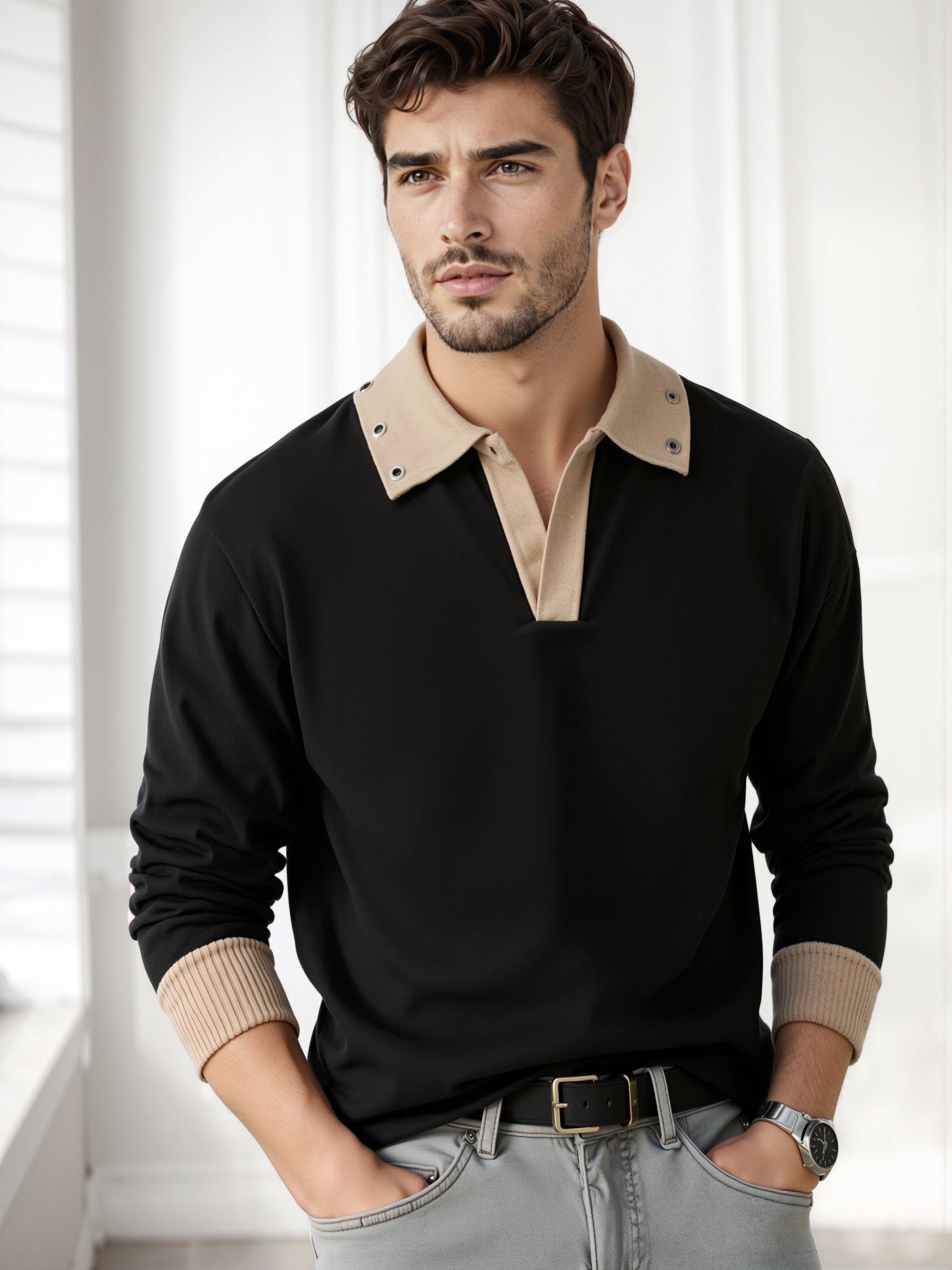 Mens Coloblocked Full Sleeve Polo Sweatshirt Black|Beige