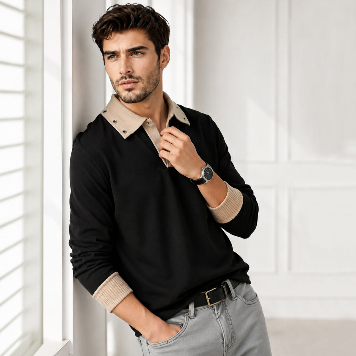 Mens Coloblocked Full Sleeve Polo Sweatshirt Black|Beige
